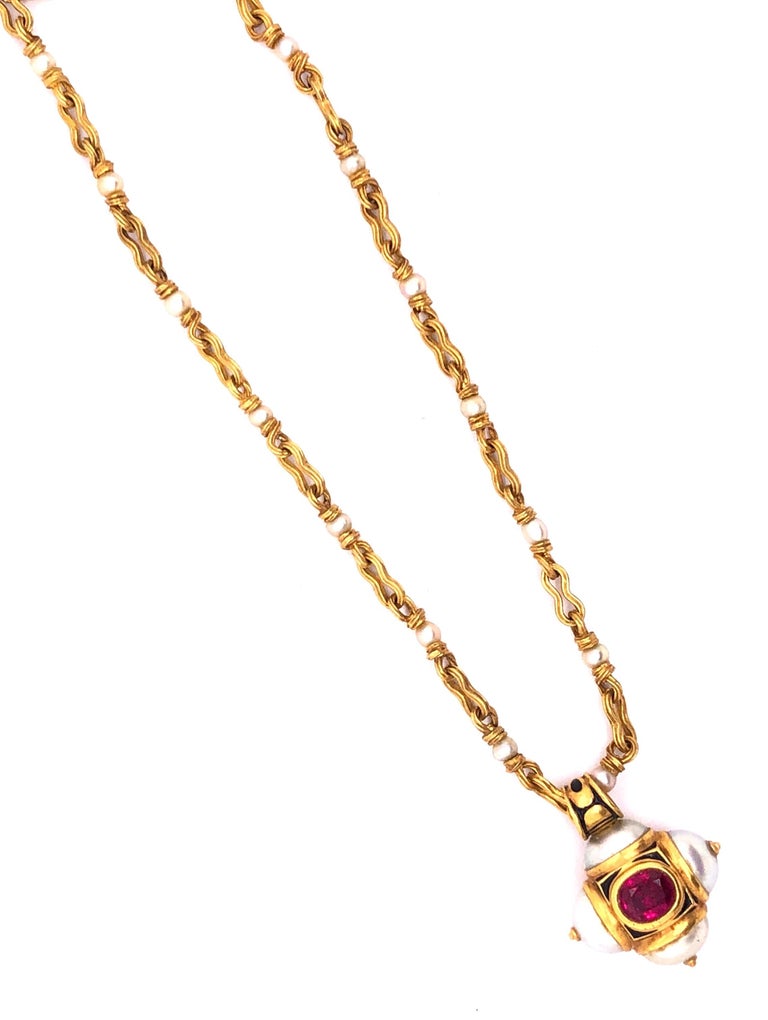 Otto Jakob Lalibela Emerald Keshi Pearl Ruby Gold Cross Pendant Necklace