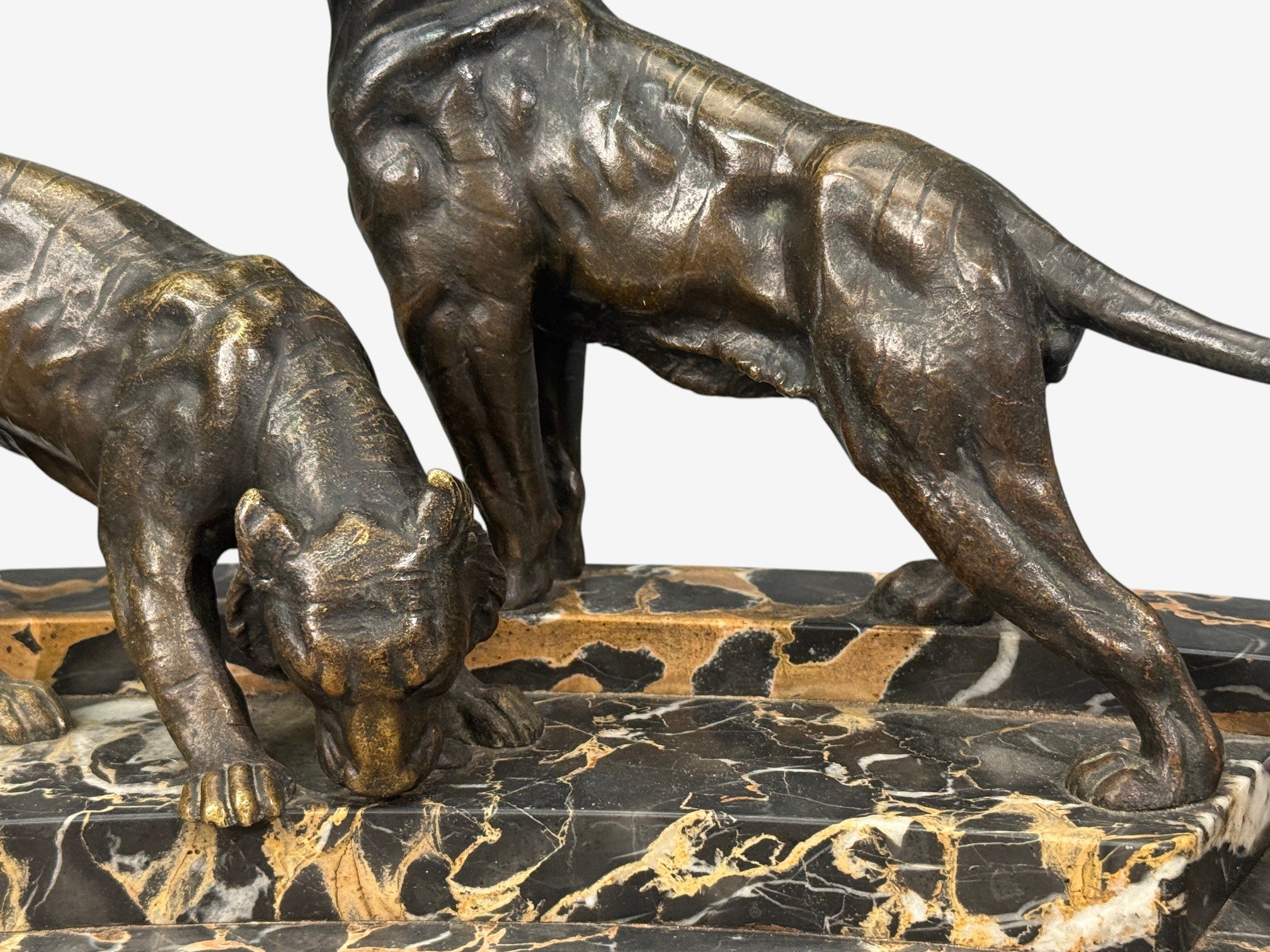 Art Deco, Inkwell Desk Set, Pen Holder, Marble, Bronze Panthers, 1920s