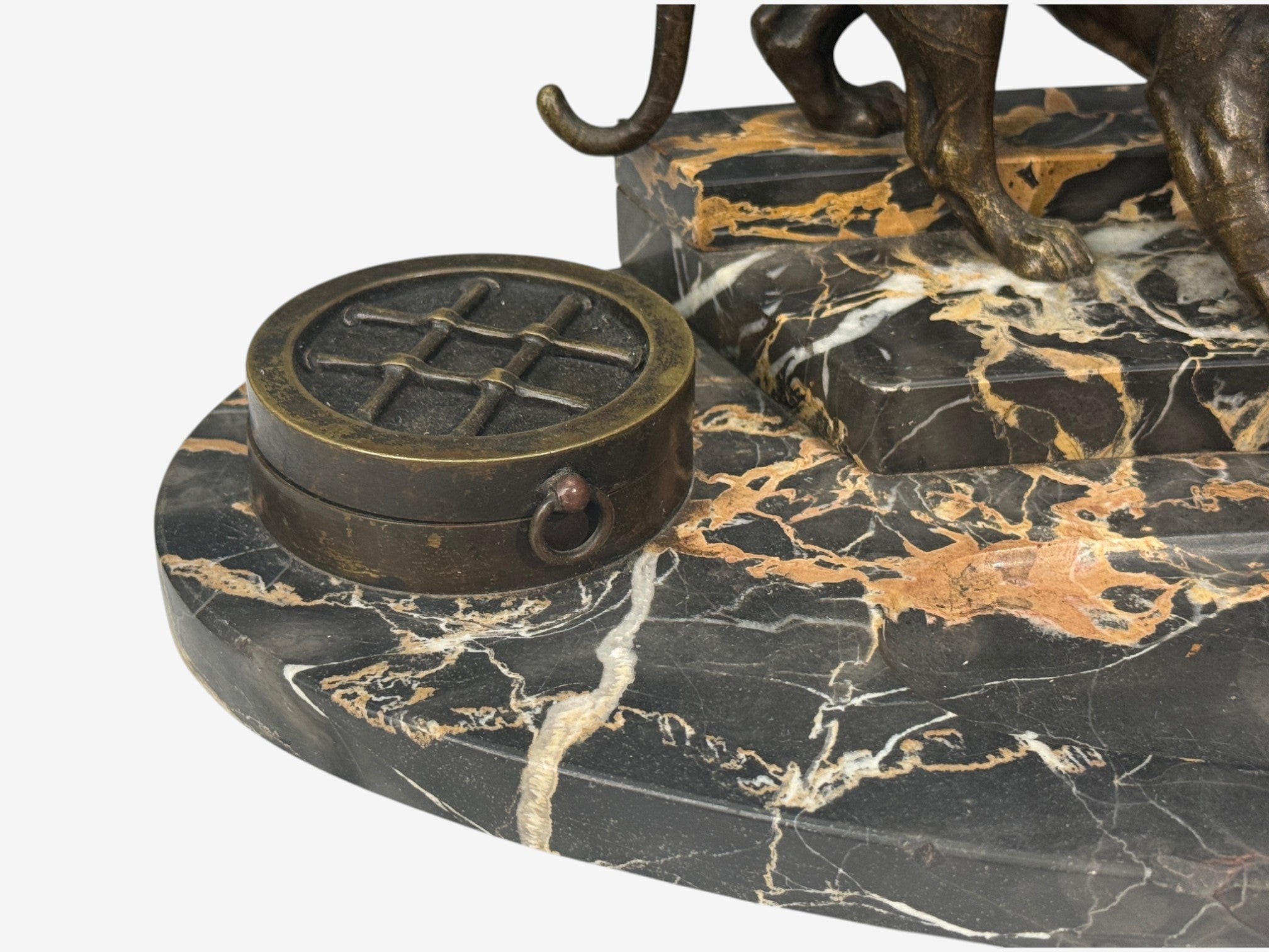 Art Deco, Inkwell Desk Set, Pen Holder, Marble, Bronze Panthers, 1920s