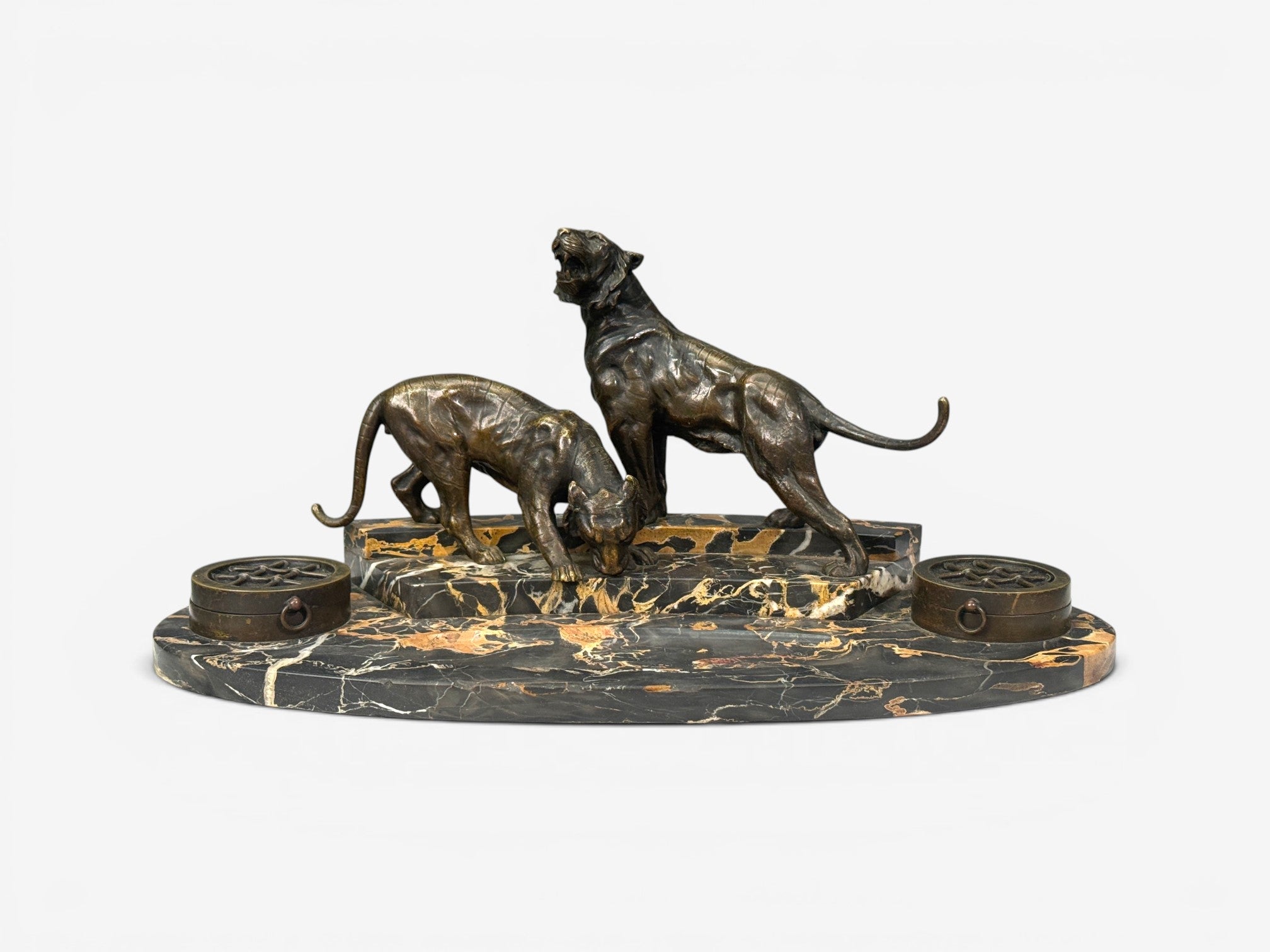Art Deco, Inkwell Desk Set, Pen Holder, Marble, Bronze Panthers, 1920s