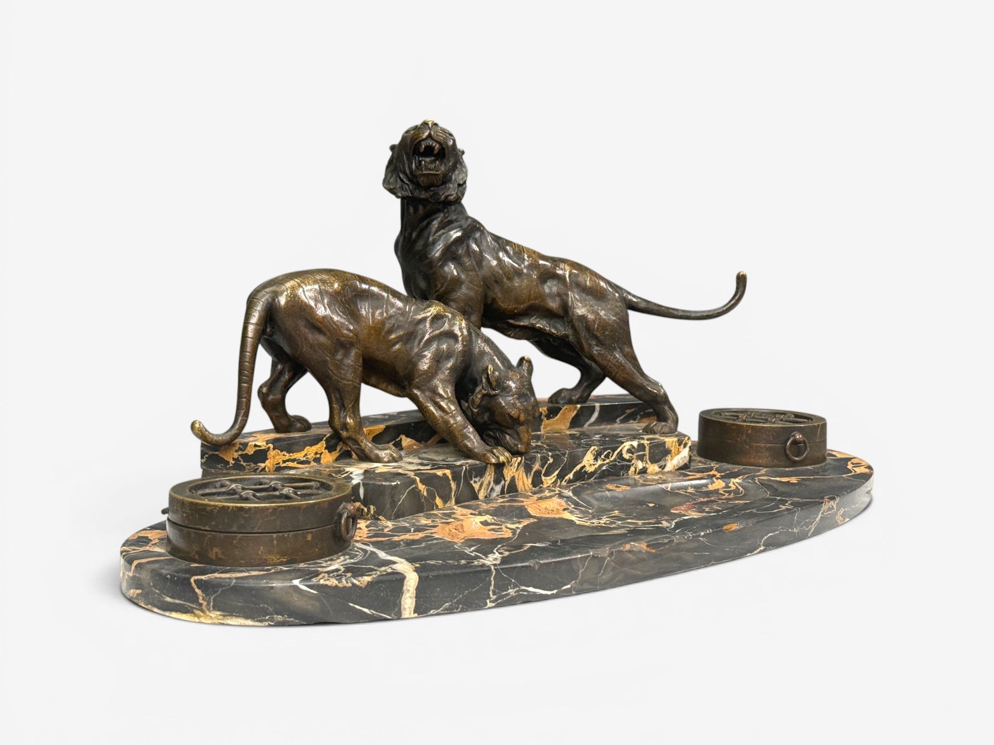 Art Deco, Inkwell Desk Set, Pen Holder, Marble, Bronze Panthers, 1920s