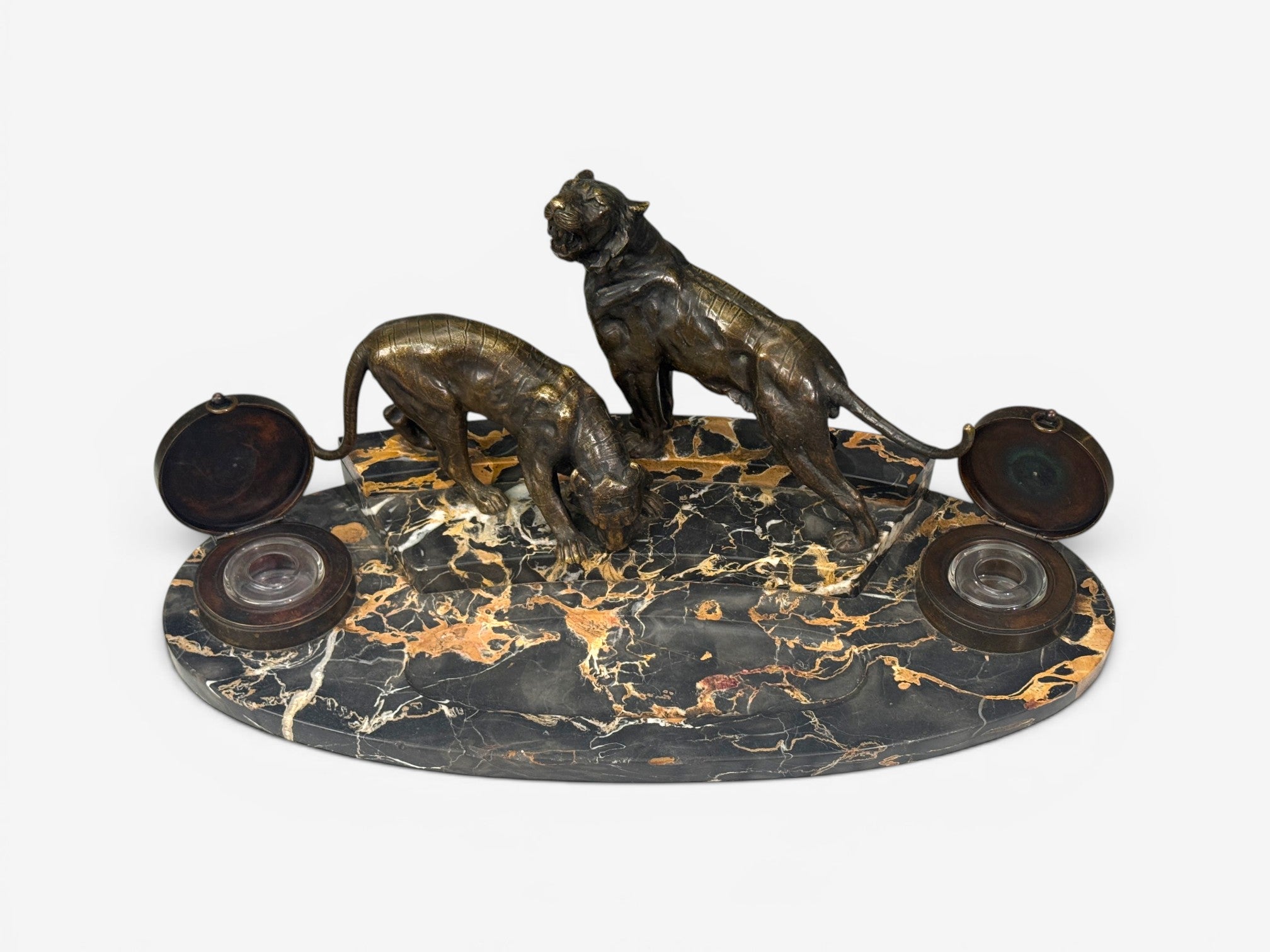 Art Deco, Inkwell Desk Set, Pen Holder, Marble, Bronze Panthers, 1920s