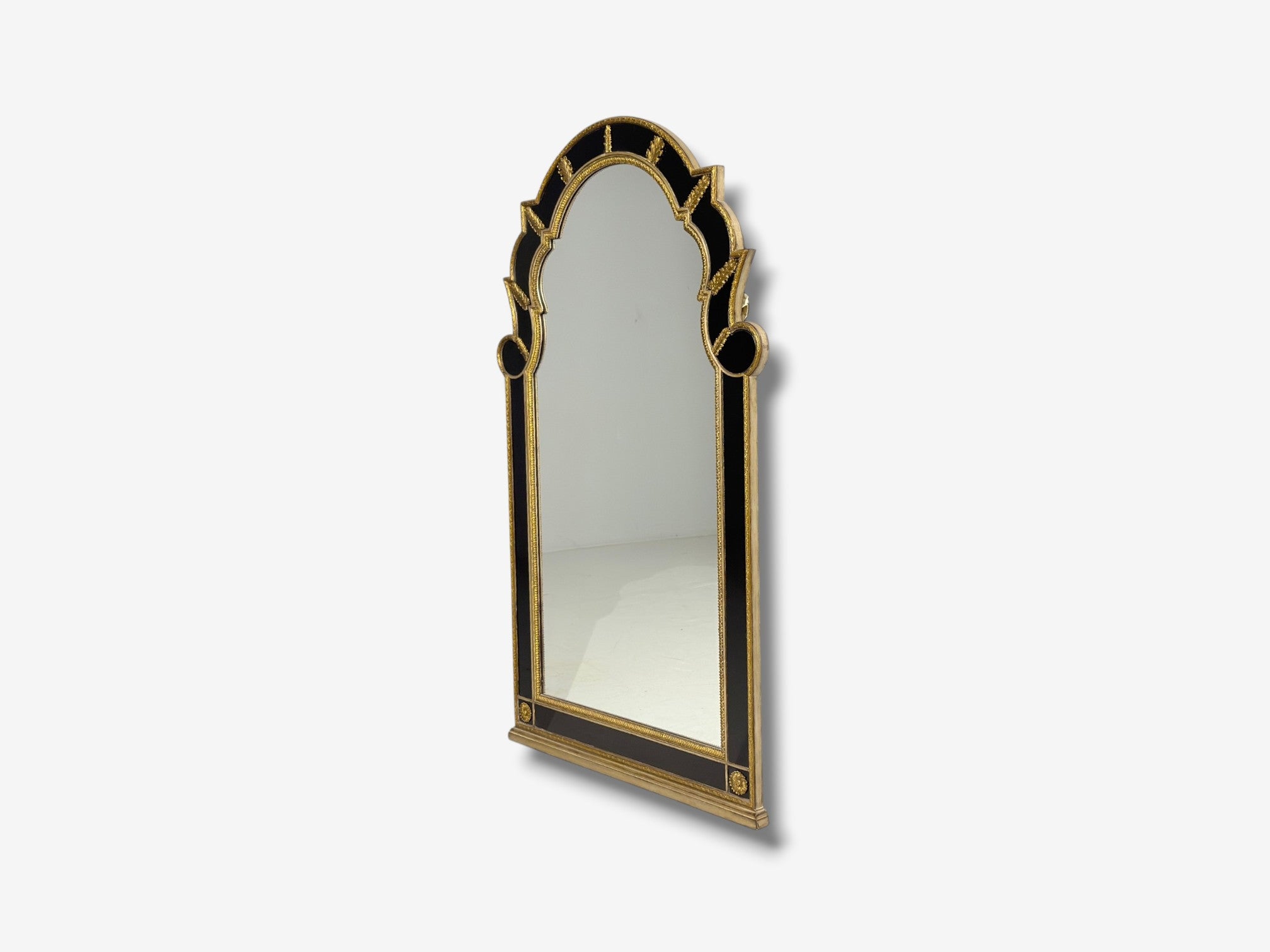 Theodore Alexander, Queene Anne Style, Wall Mirror, Black Glass, Gilt Metal