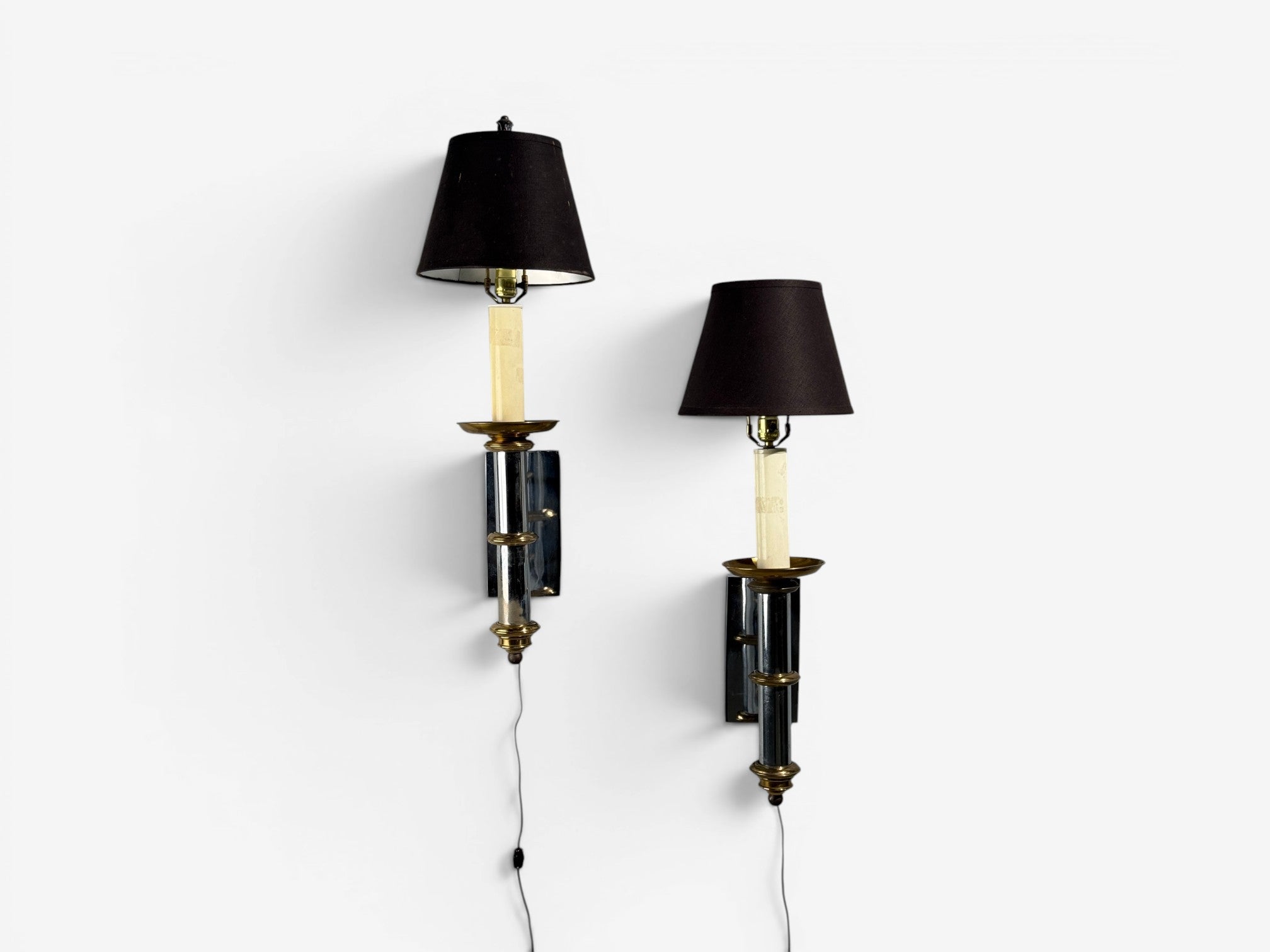 Tommi Parzinger, Large Wall Sconces, Chromed Steel, Brass, Fabric, USA, 1950s