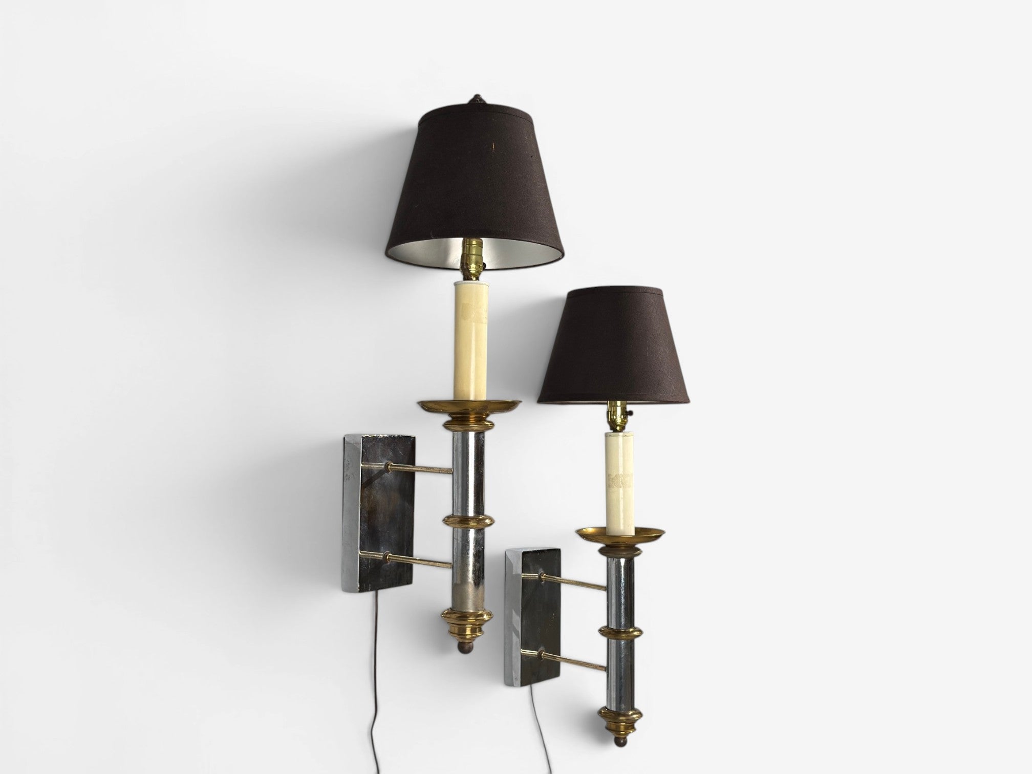 Tommi Parzinger, Large Wall Sconces, Chromed Steel, Brass, Fabric, USA, 1950s