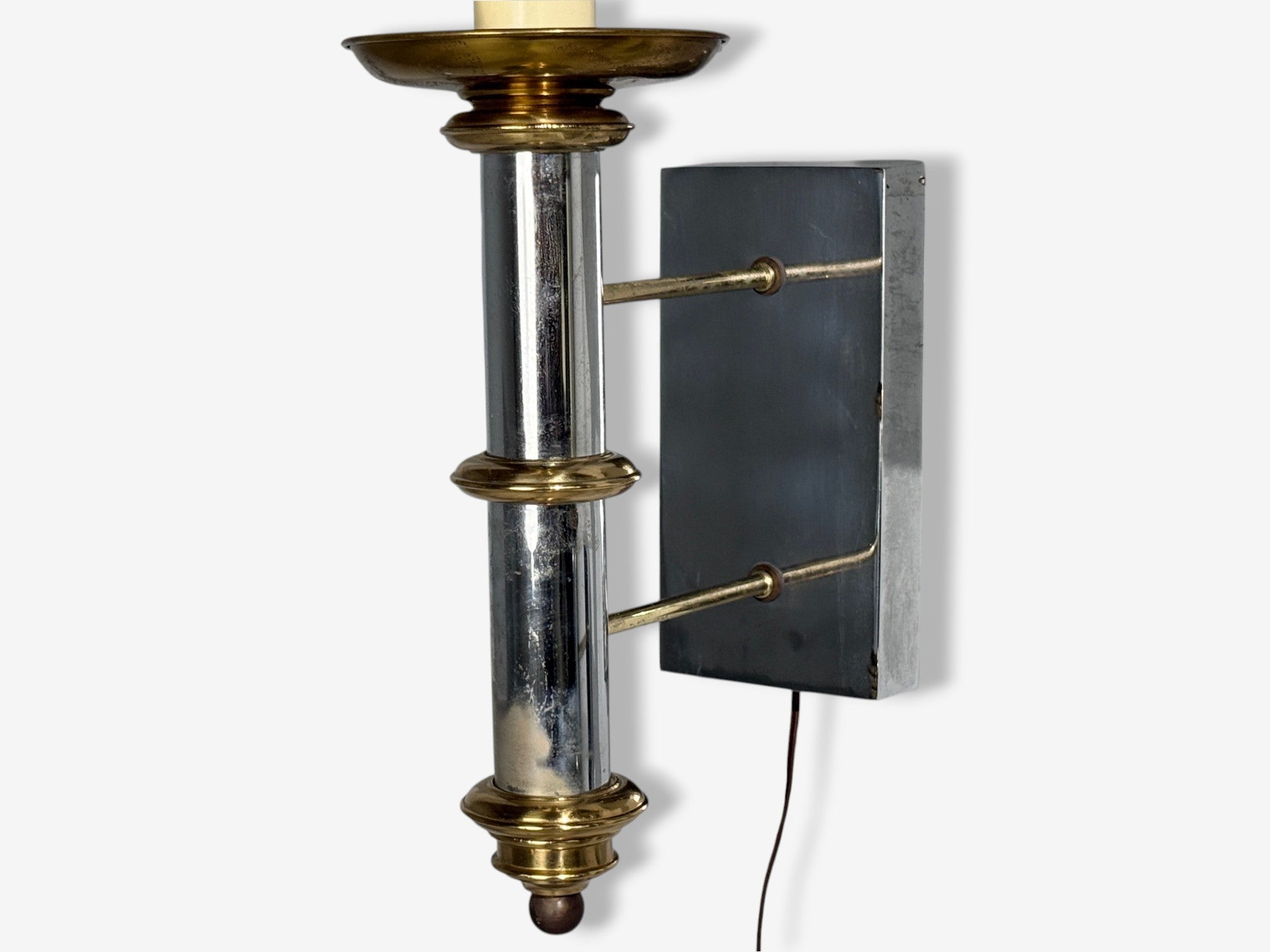 Tommi Parzinger, Large Wall Sconces, Chromed Steel, Brass, Fabric, USA, 1950s