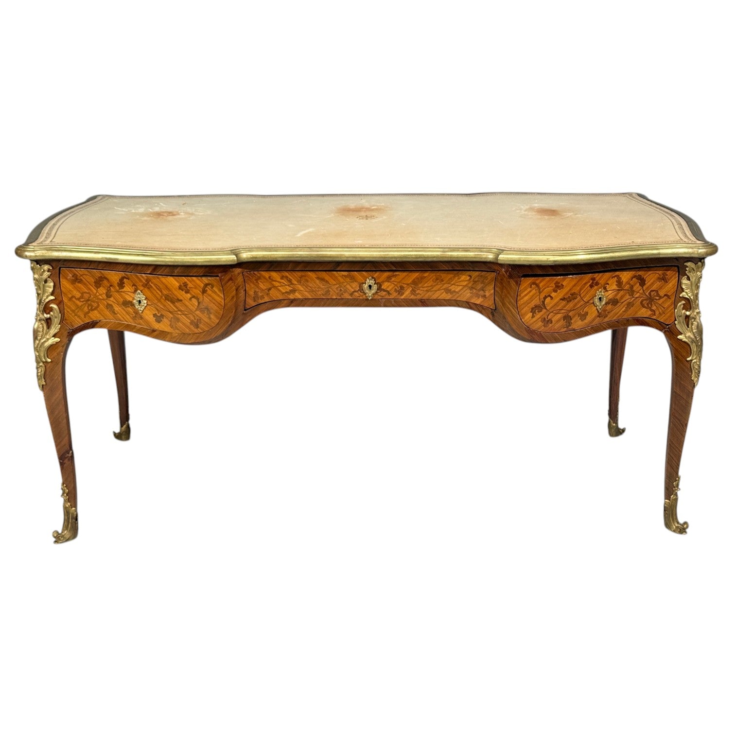 Louis XV Style, Executive Desk, Marquetry, Leather, Bronze, France, 19th/20th c.