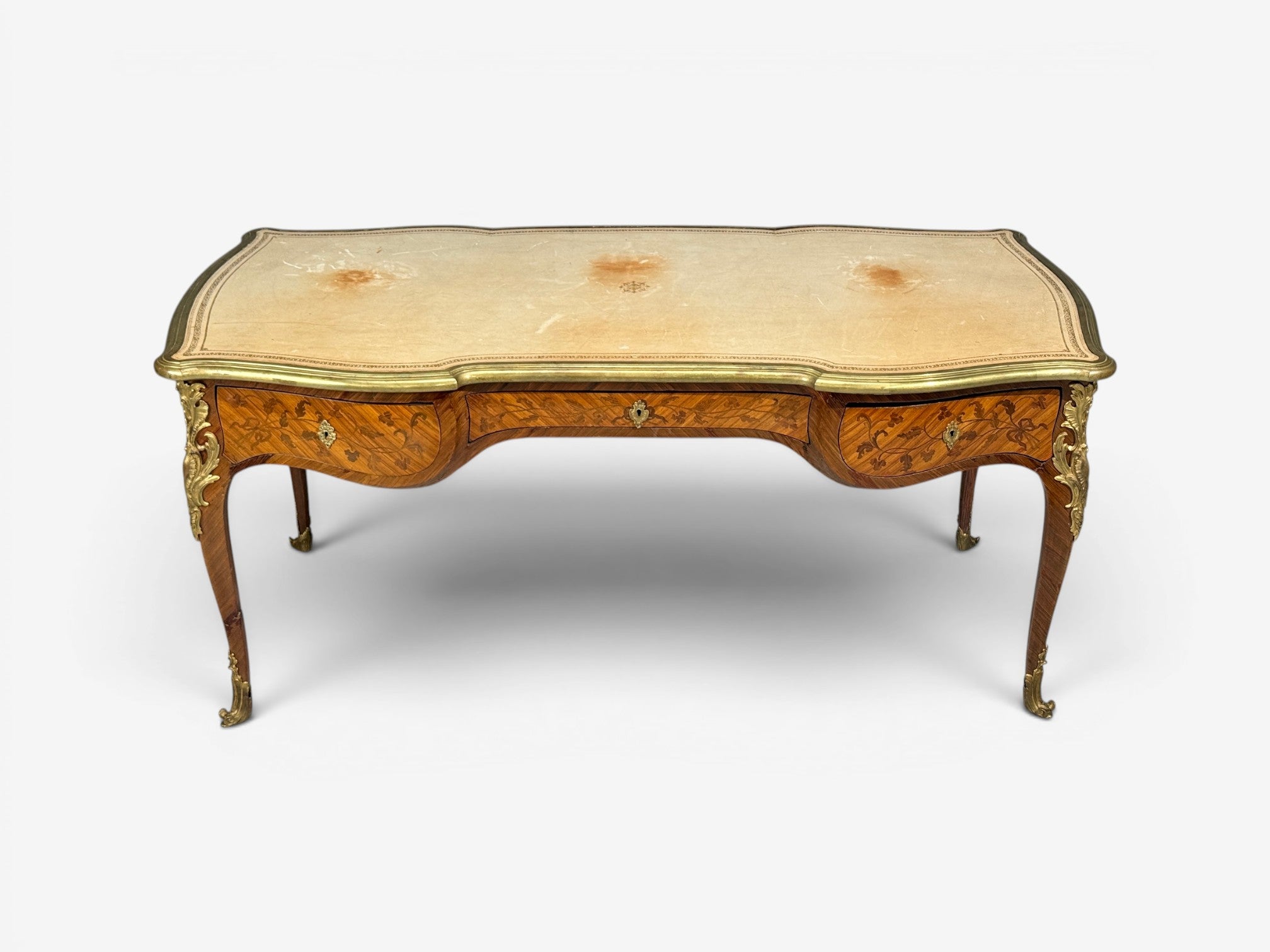 Louis XV Style, Executive Desk, Marquetry, Leather, Bronze, France, 19th/20th c.