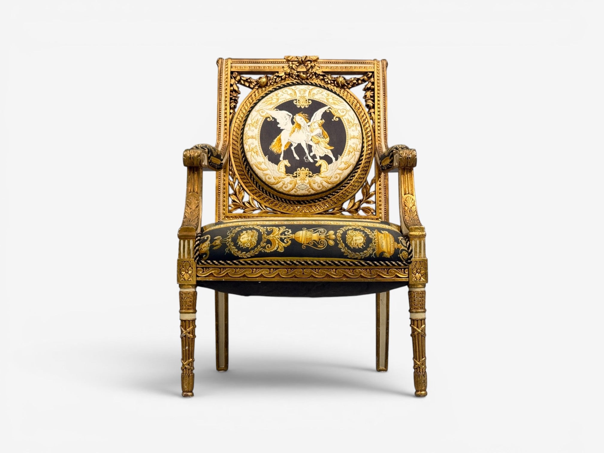 Louis XVI, French Arm Chair, Versace Fabric, Giltwood, France, 1960s