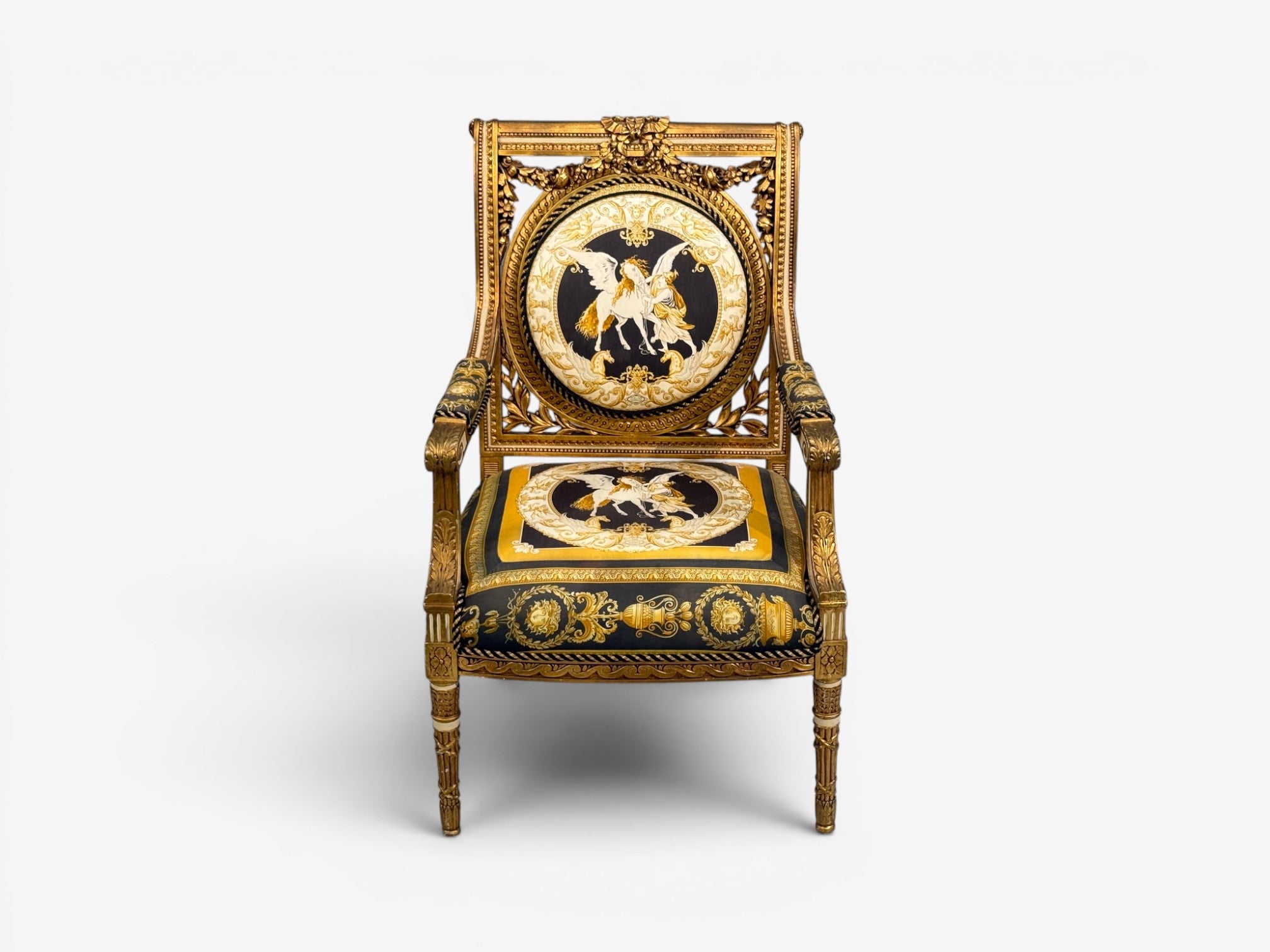 Louis XVI, French Arm Chair, Versace Fabric, Giltwood, France, 1960s