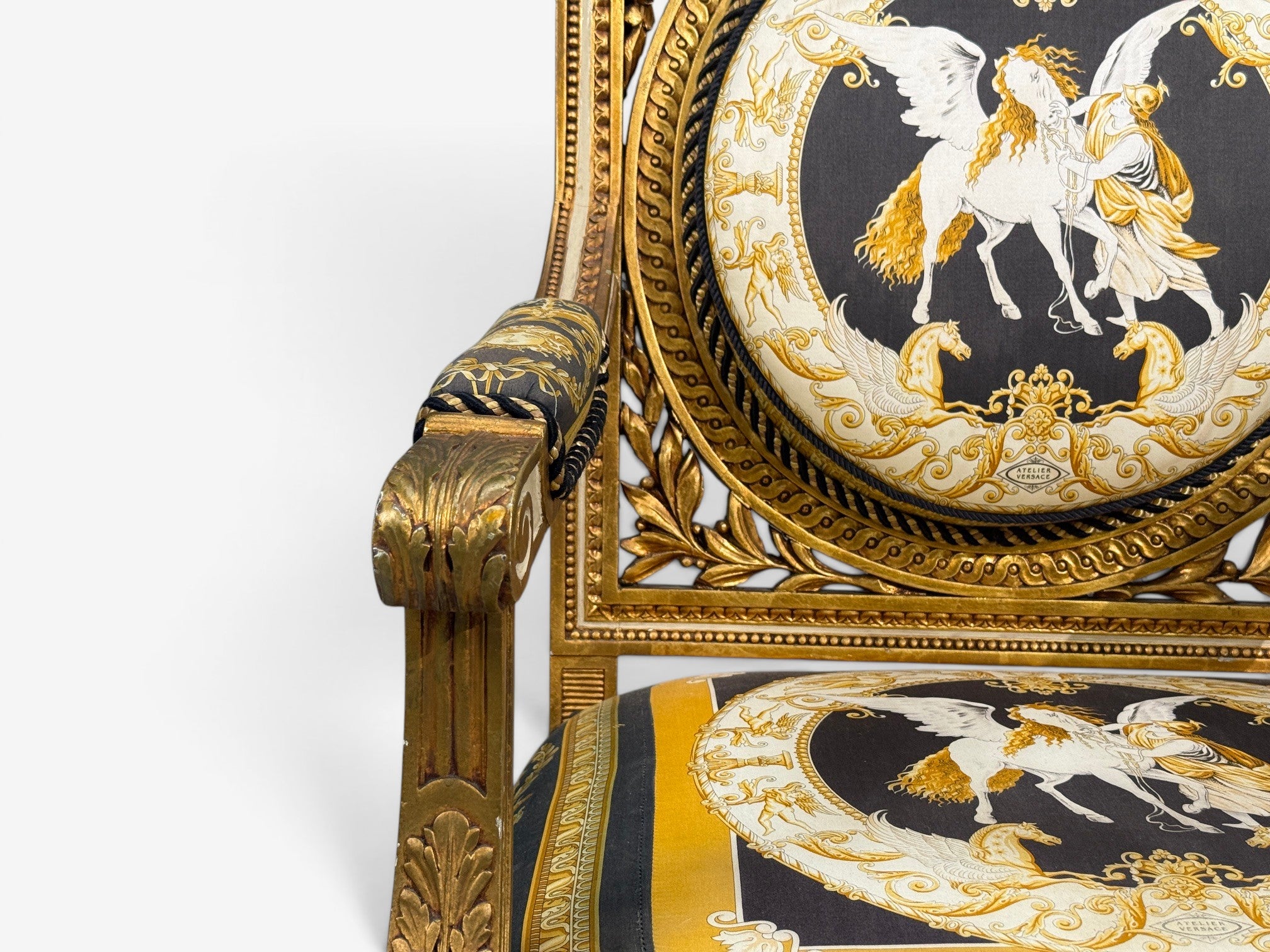 Louis XVI, French Arm Chair, Versace Fabric, Giltwood, France, 1960s