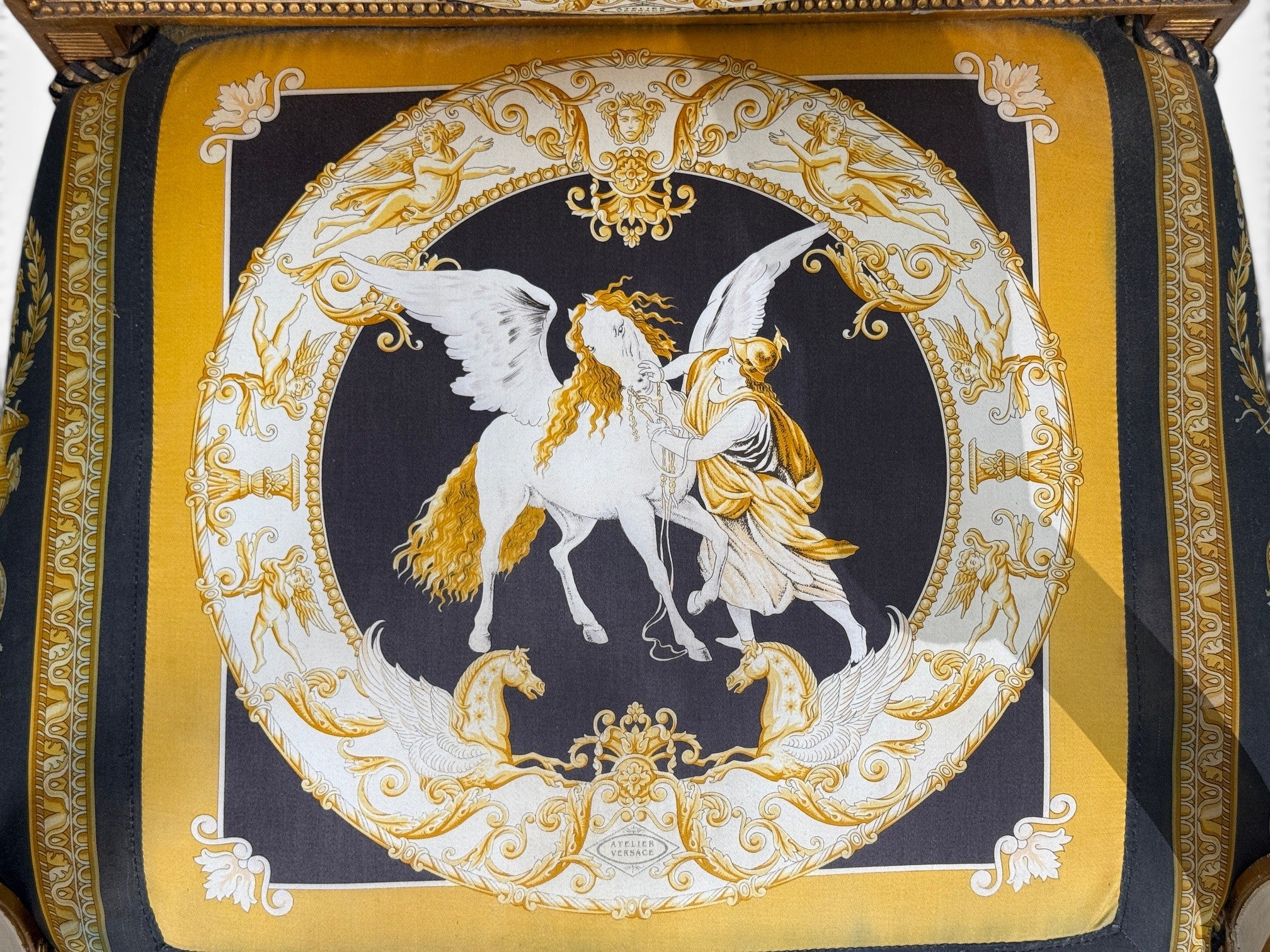 Louis XVI, French Arm Chair, Versace Fabric, Giltwood, France, 1960s