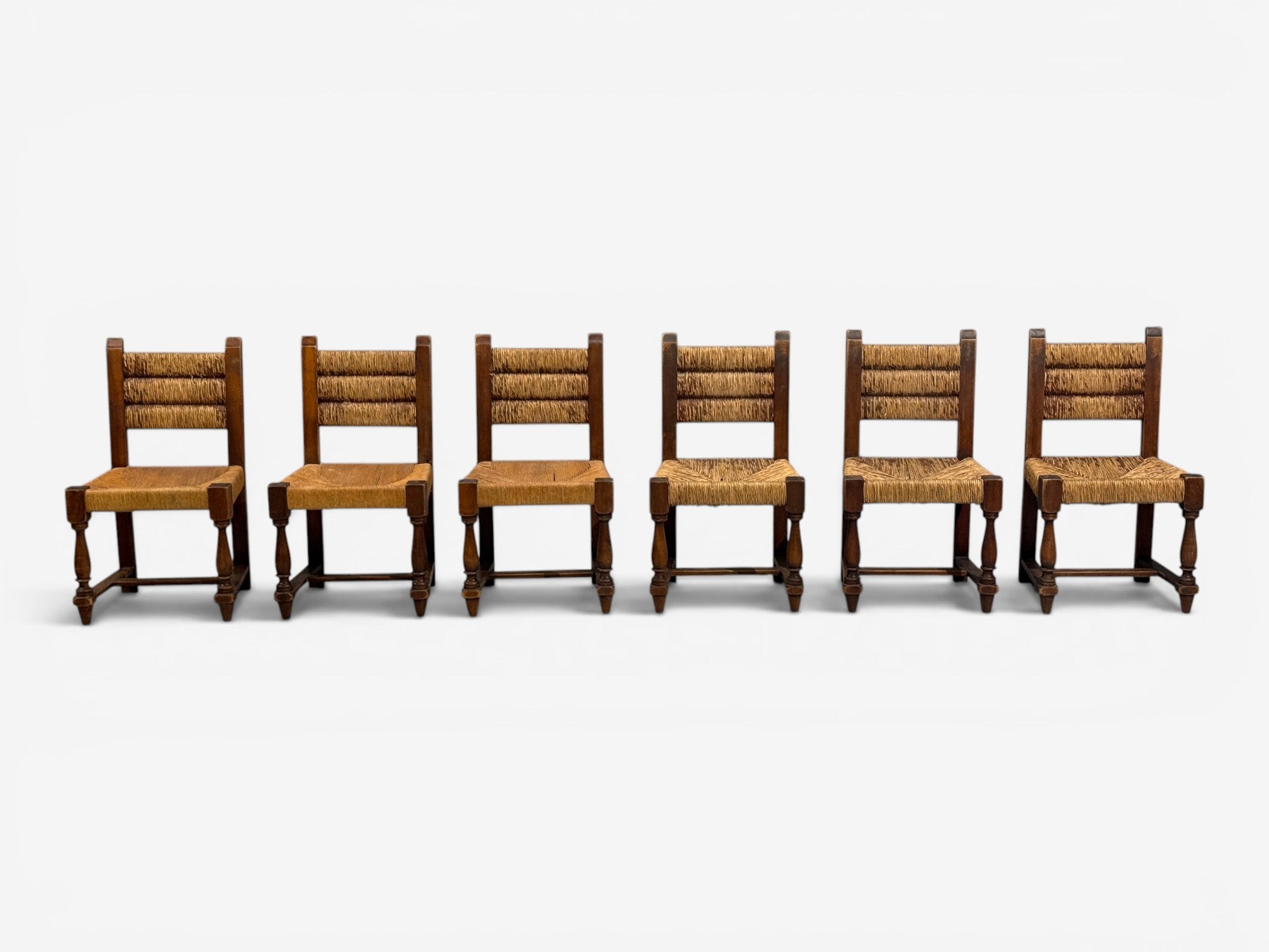 Charles Doudouyt, Six Rustic Dining Chairs, Oak, Rush, France, 1940s