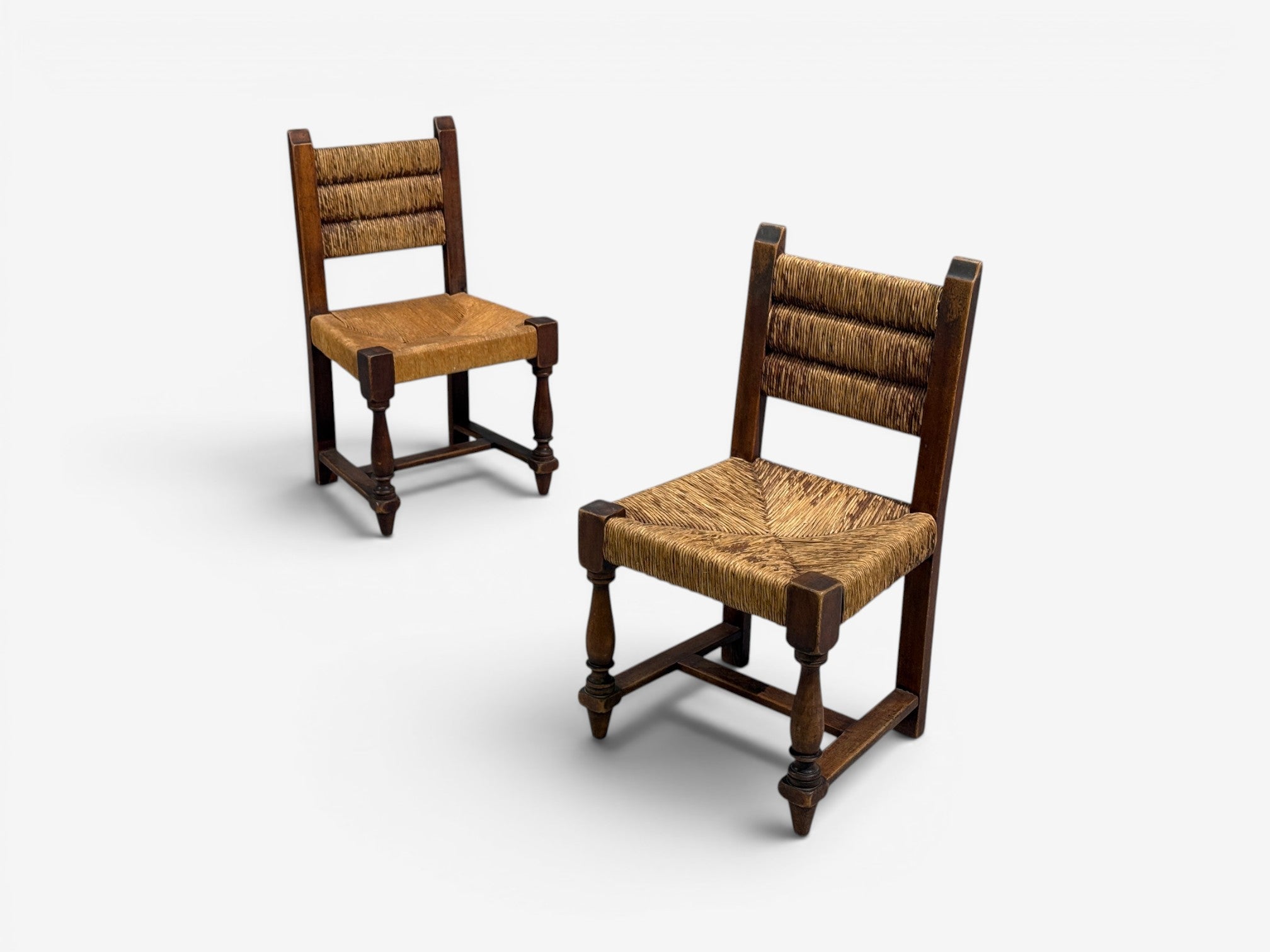 Charles Doudouyt, Six Rustic Dining Chairs, Oak, Rush, France, 1940s