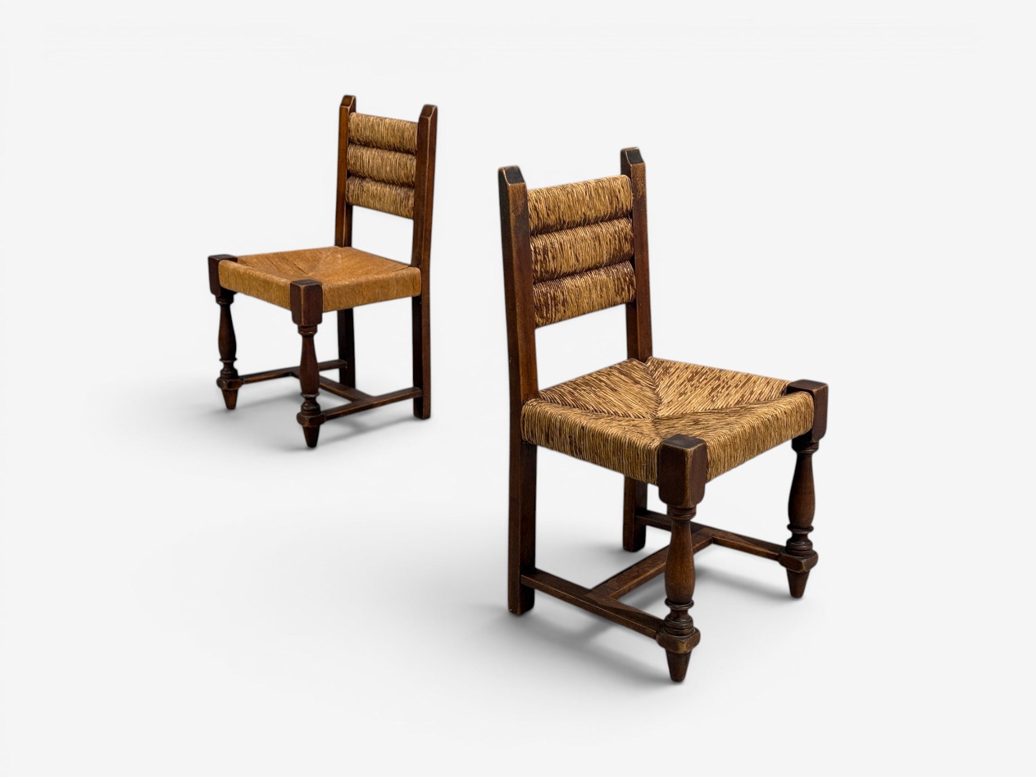 Charles Doudouyt, Six Rustic Dining Chairs, Oak, Rush, France, 1940s