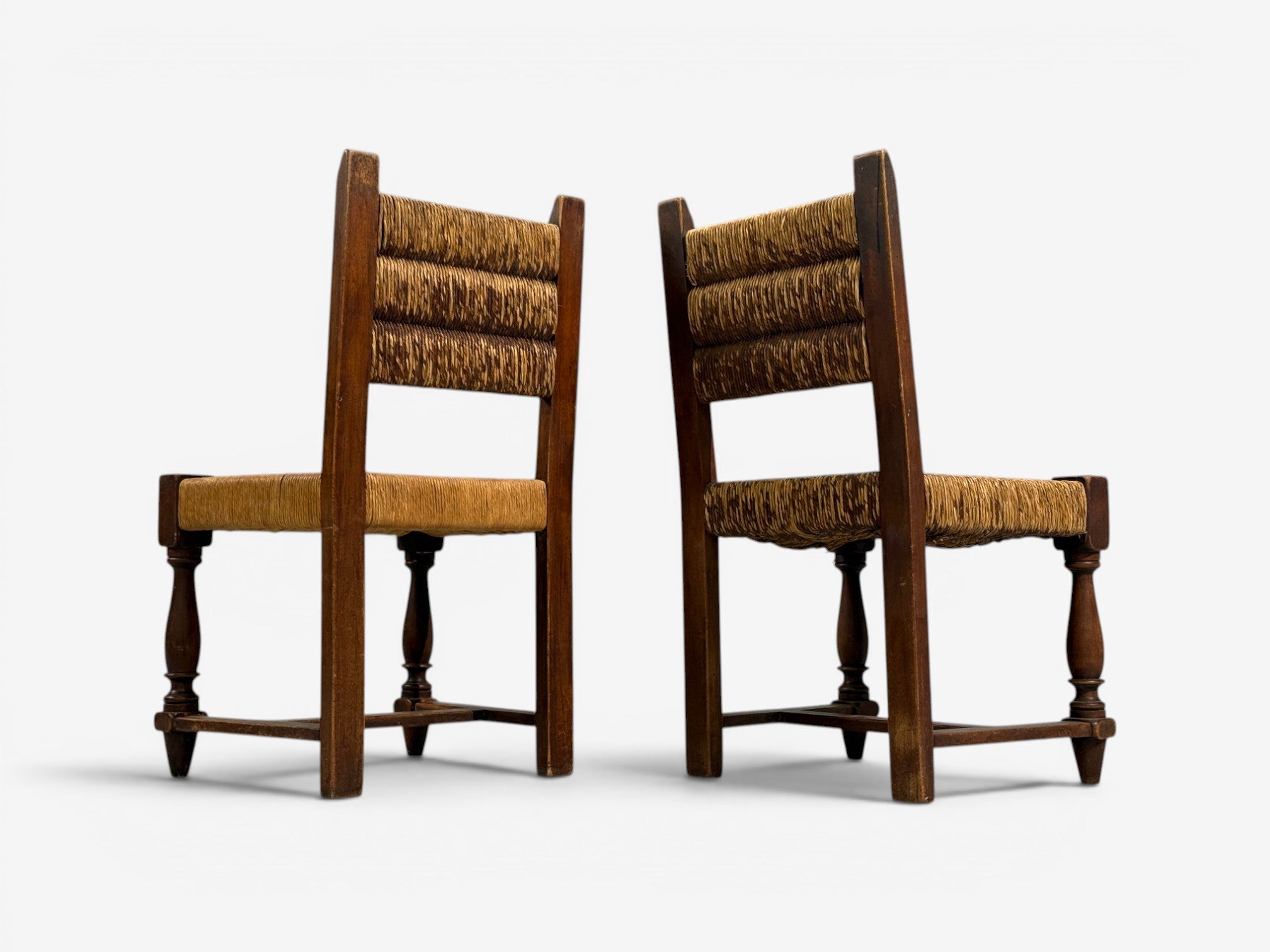 Charles Doudouyt, Six Rustic Dining Chairs, Oak, Rush, France, 1940s