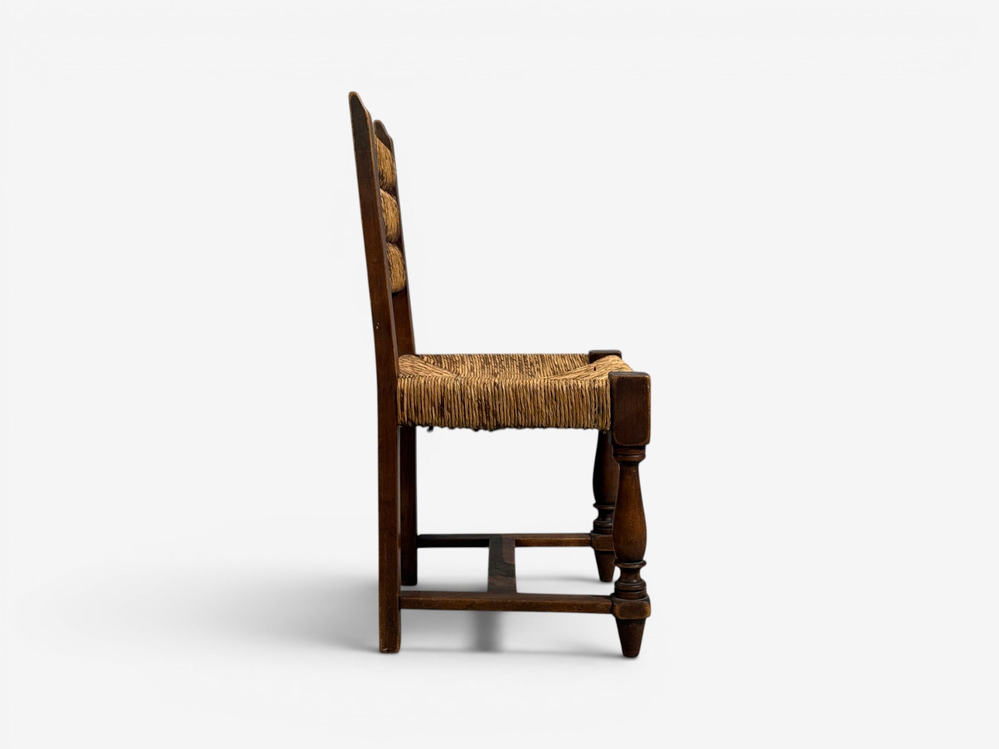 Charles Doudouyt, Six Rustic Dining Chairs, Oak, Rush, France, 1940s
