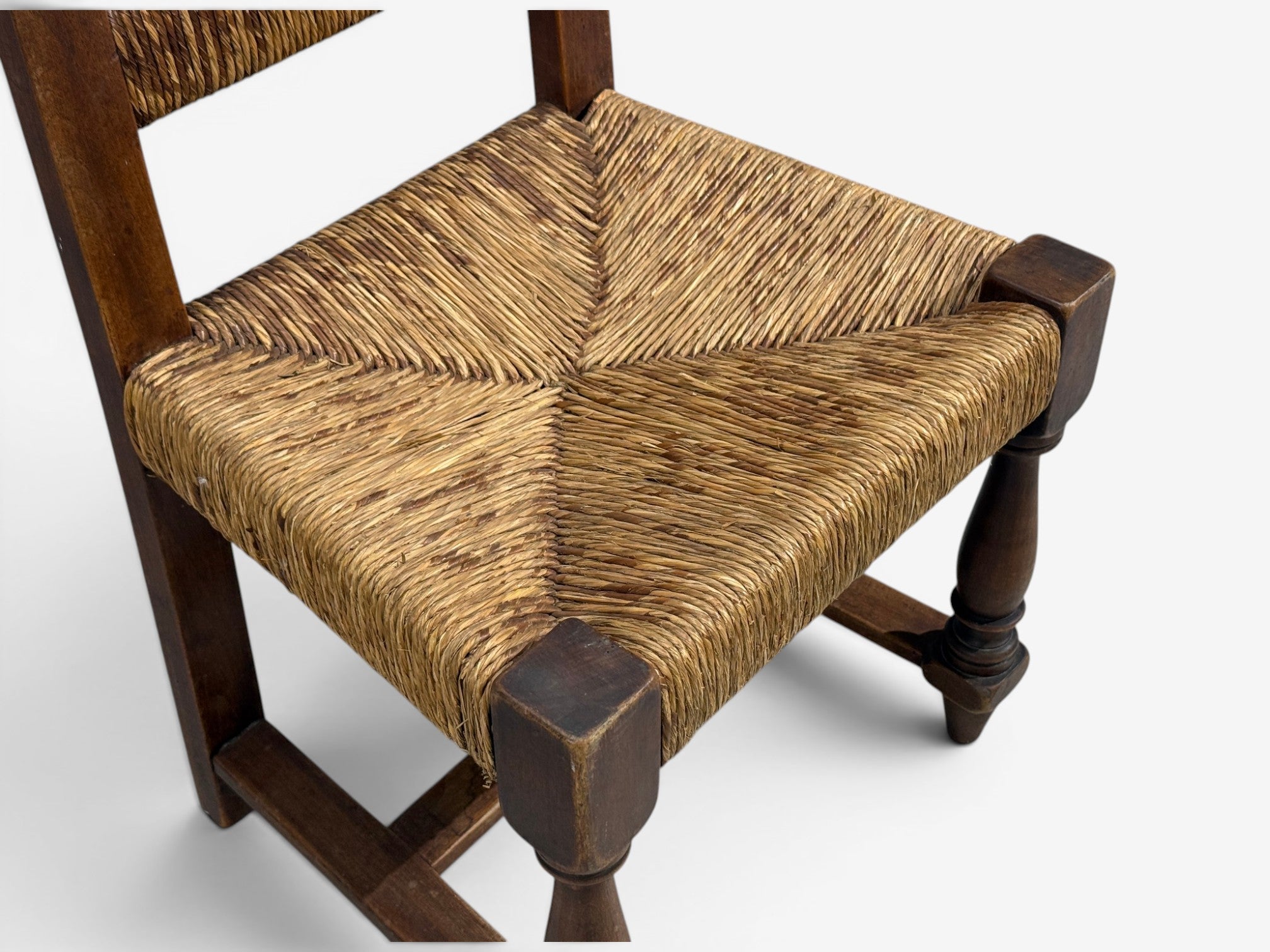 Charles Doudouyt, Six Rustic Dining Chairs, Oak, Rush, France, 1940s