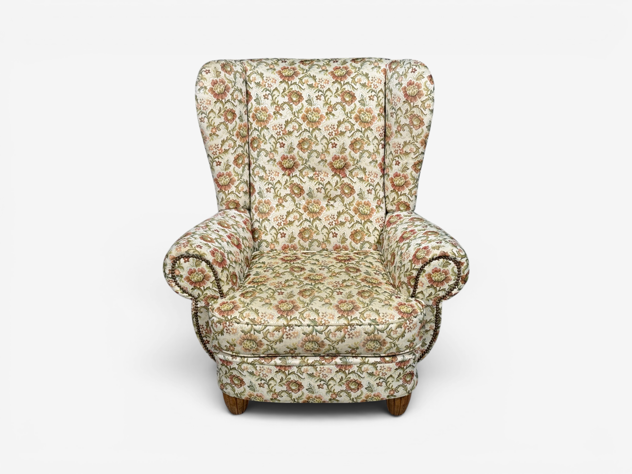 Danish Cabinetmaker, Large Wingback Chair, Floral Fabric, Wood, Denmark, 1950s