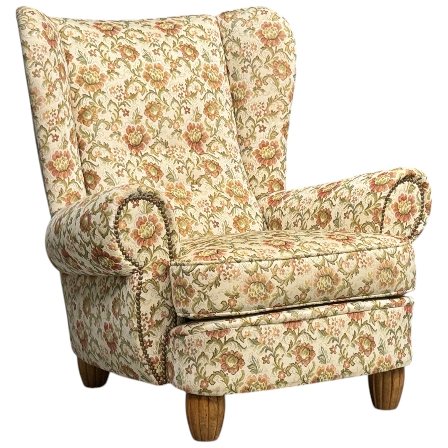 Danish Cabinetmaker, Large Wingback Chair, Floral Fabric, Wood, Denmark, 1950s