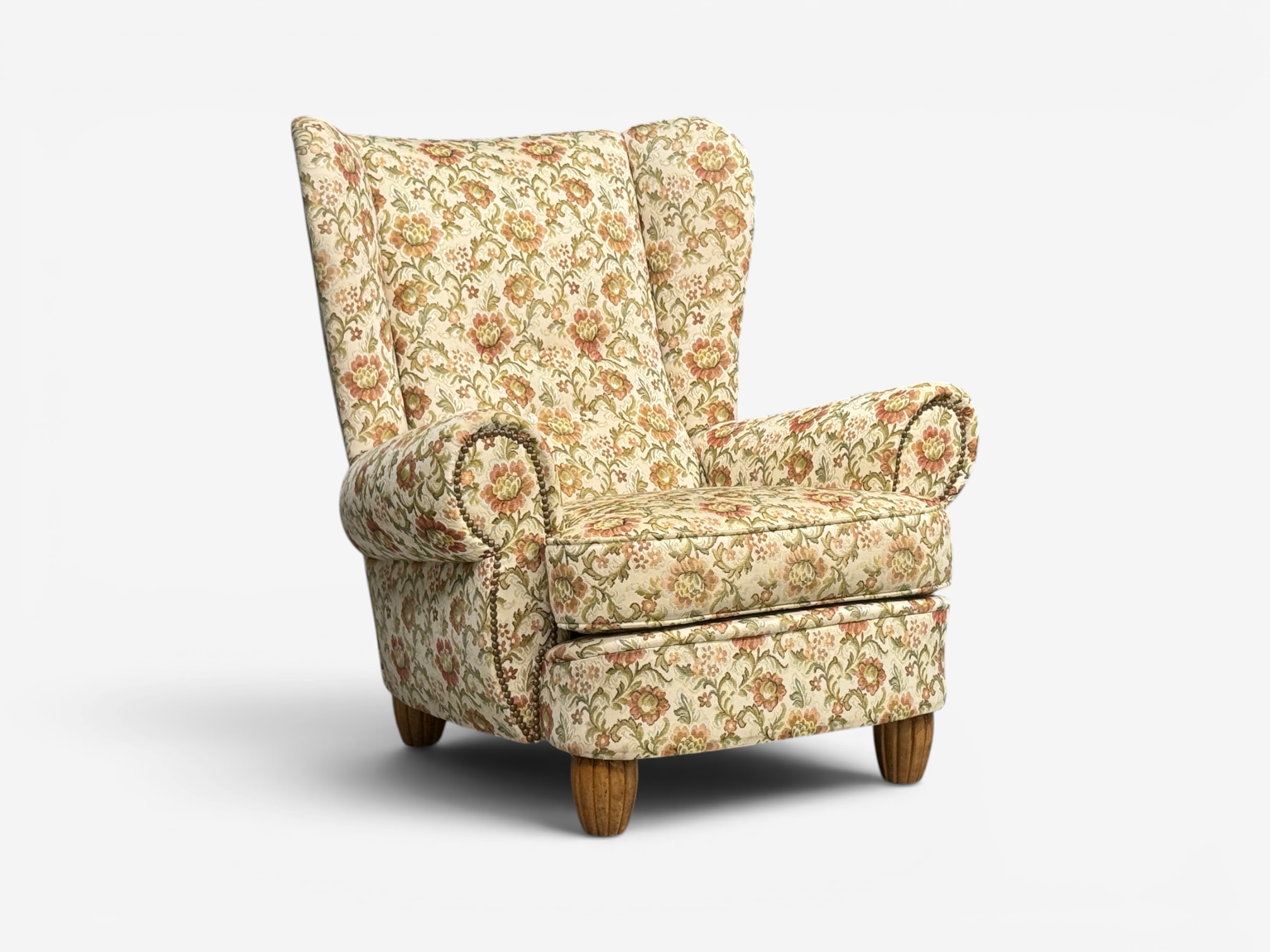 Danish Cabinetmaker, Large Wingback Chair, Floral Fabric, Wood, Denmark, 1950s