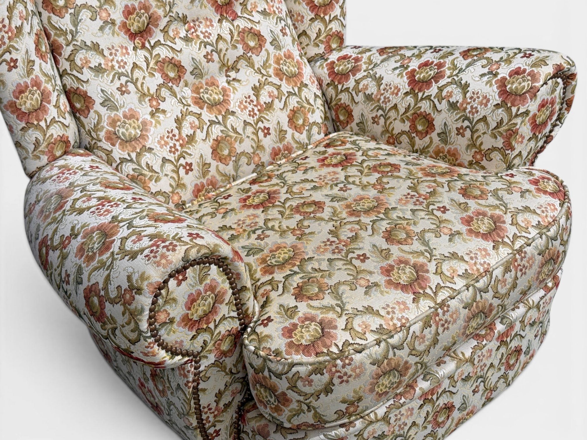 Danish Cabinetmaker, Large Wingback Chair, Floral Fabric, Wood, Denmark, 1950s