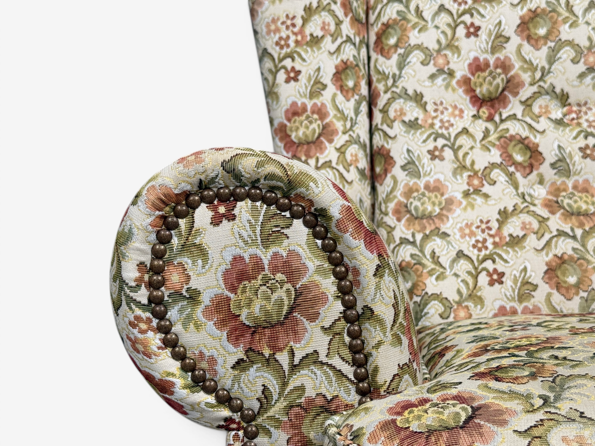 Danish Cabinetmaker, Large Wingback Chair, Floral Fabric, Wood, Denmark, 1950s
