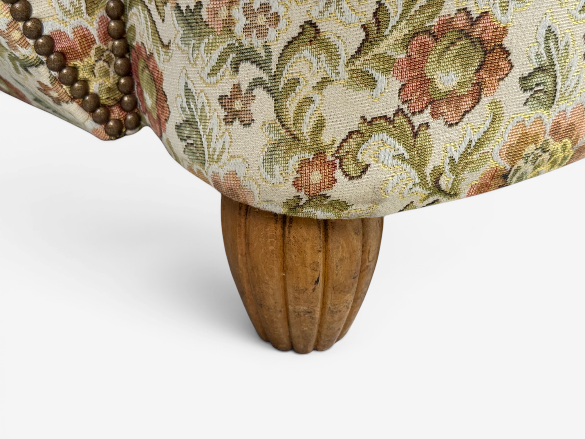 Danish Cabinetmaker, Large Wingback Chair, Floral Fabric, Wood, Denmark, 1950s