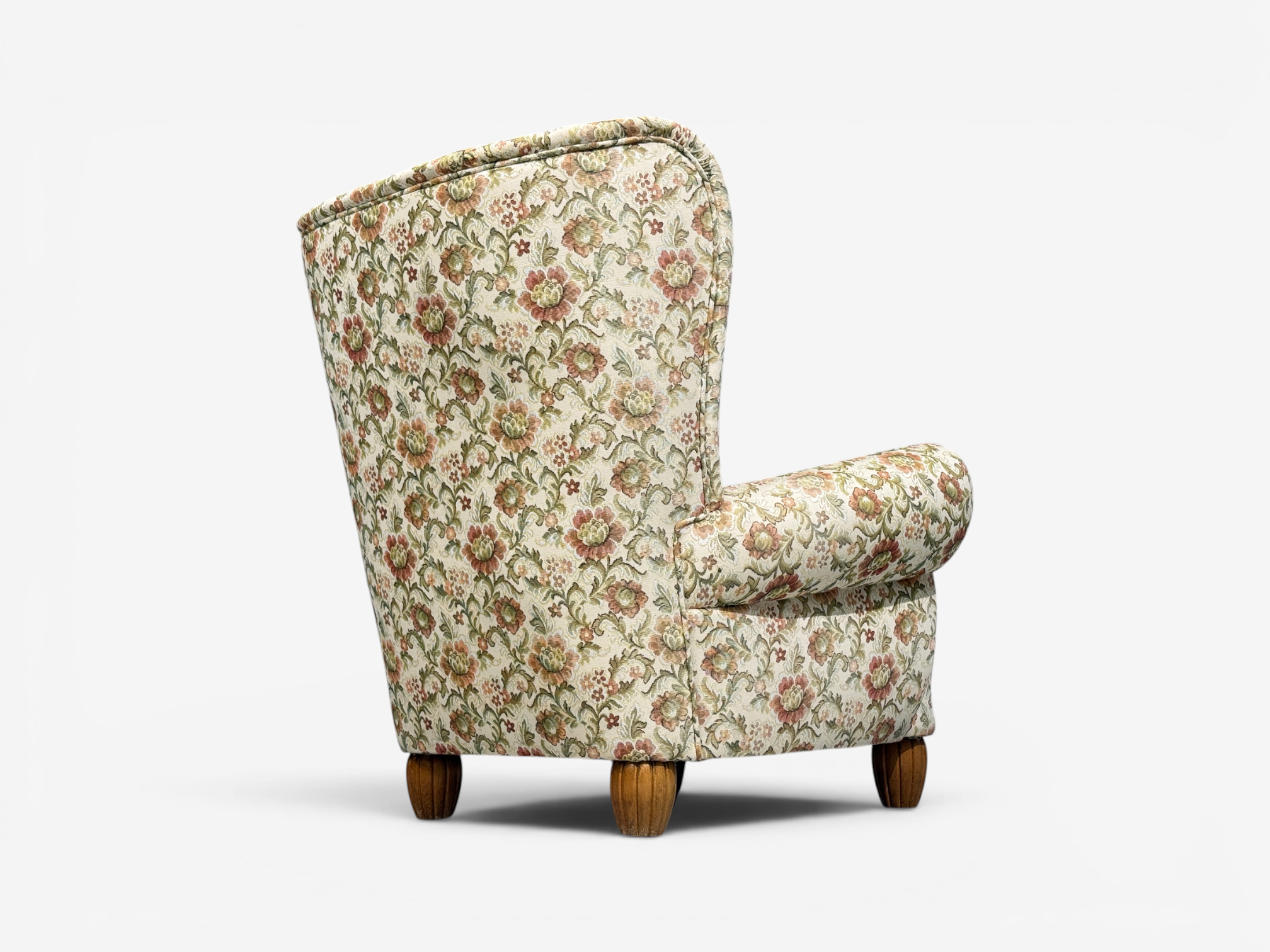Danish Cabinetmaker, Large Wingback Chair, Floral Fabric, Wood, Denmark, 1950s