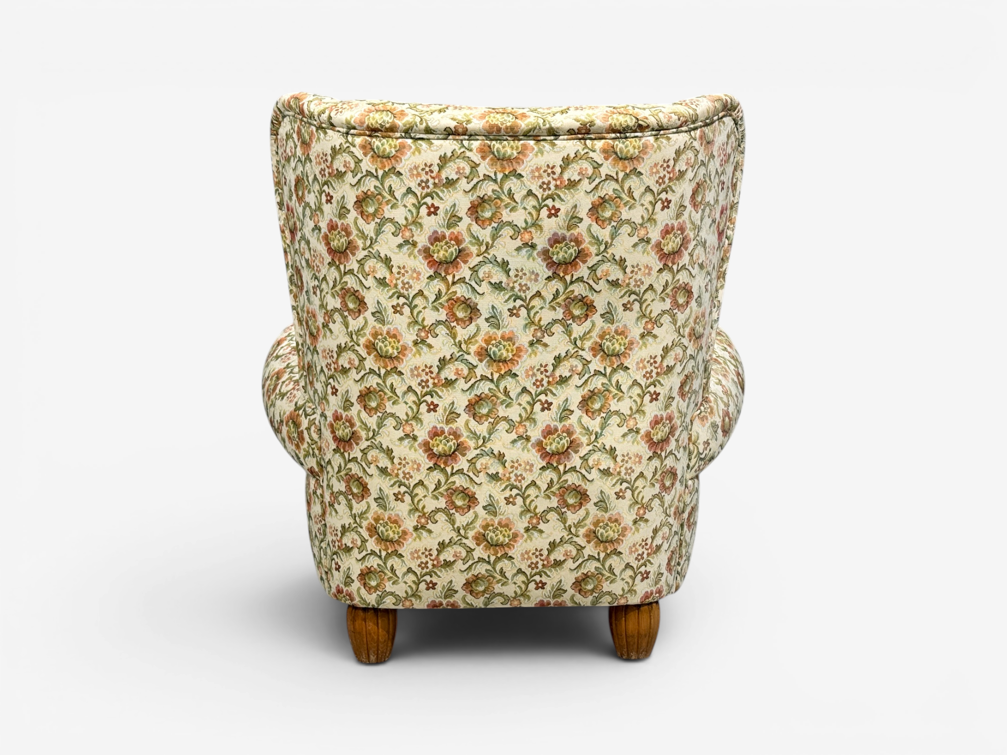 Danish Cabinetmaker, Large Wingback Chair, Floral Fabric, Wood, Denmark, 1950s