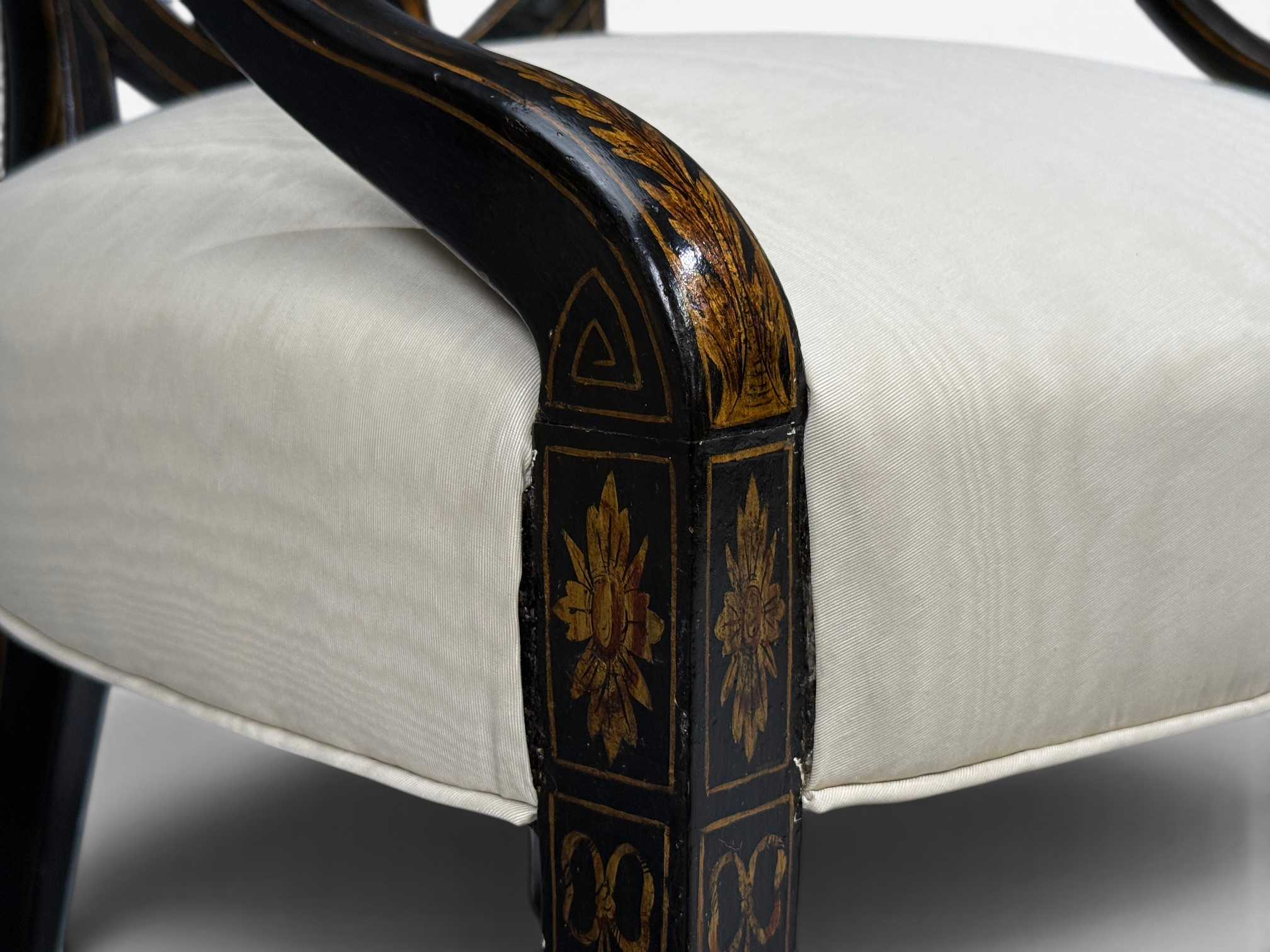 Neoclassical, Prince of Wales Armchairs, Ebonized Wood, Gilt, Silk, USA, 19th c.