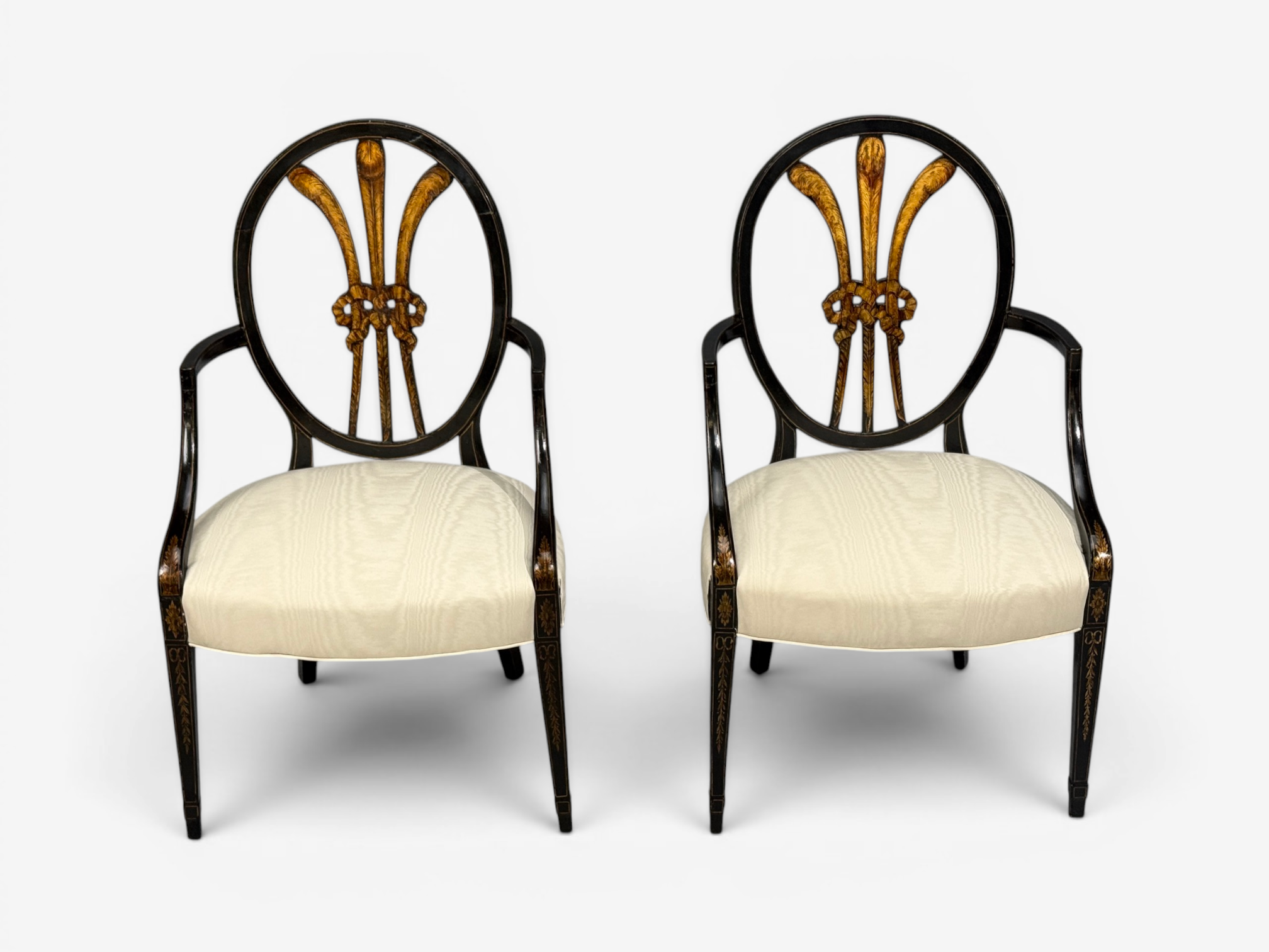 Neoclassical, Prince of Wales Armchairs, Ebonized Wood, Gilt, Silk, USA, 19th c.