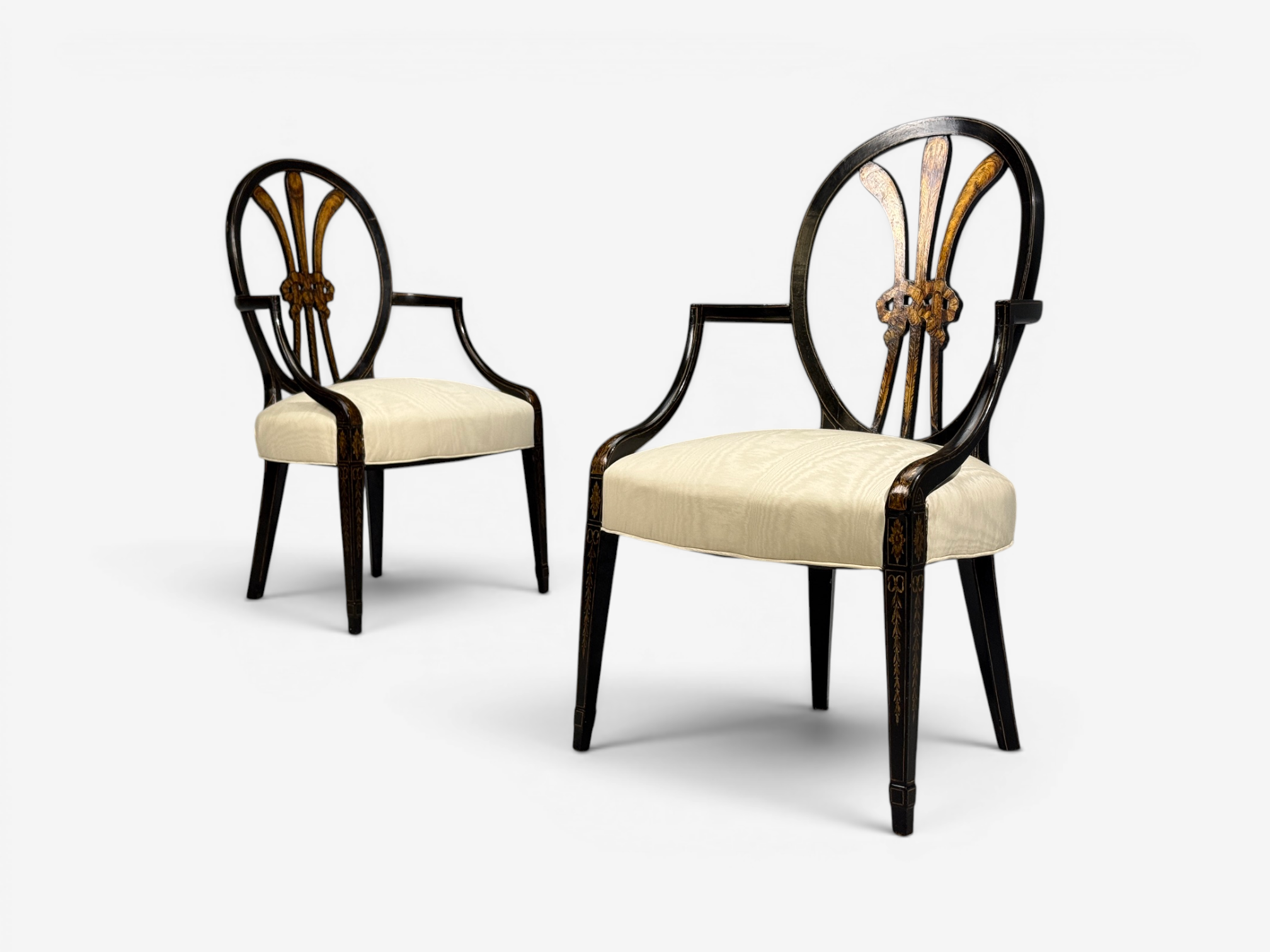 Neoclassical, Prince of Wales Armchairs, Ebonized Wood, Gilt, Silk, USA, 19th c.