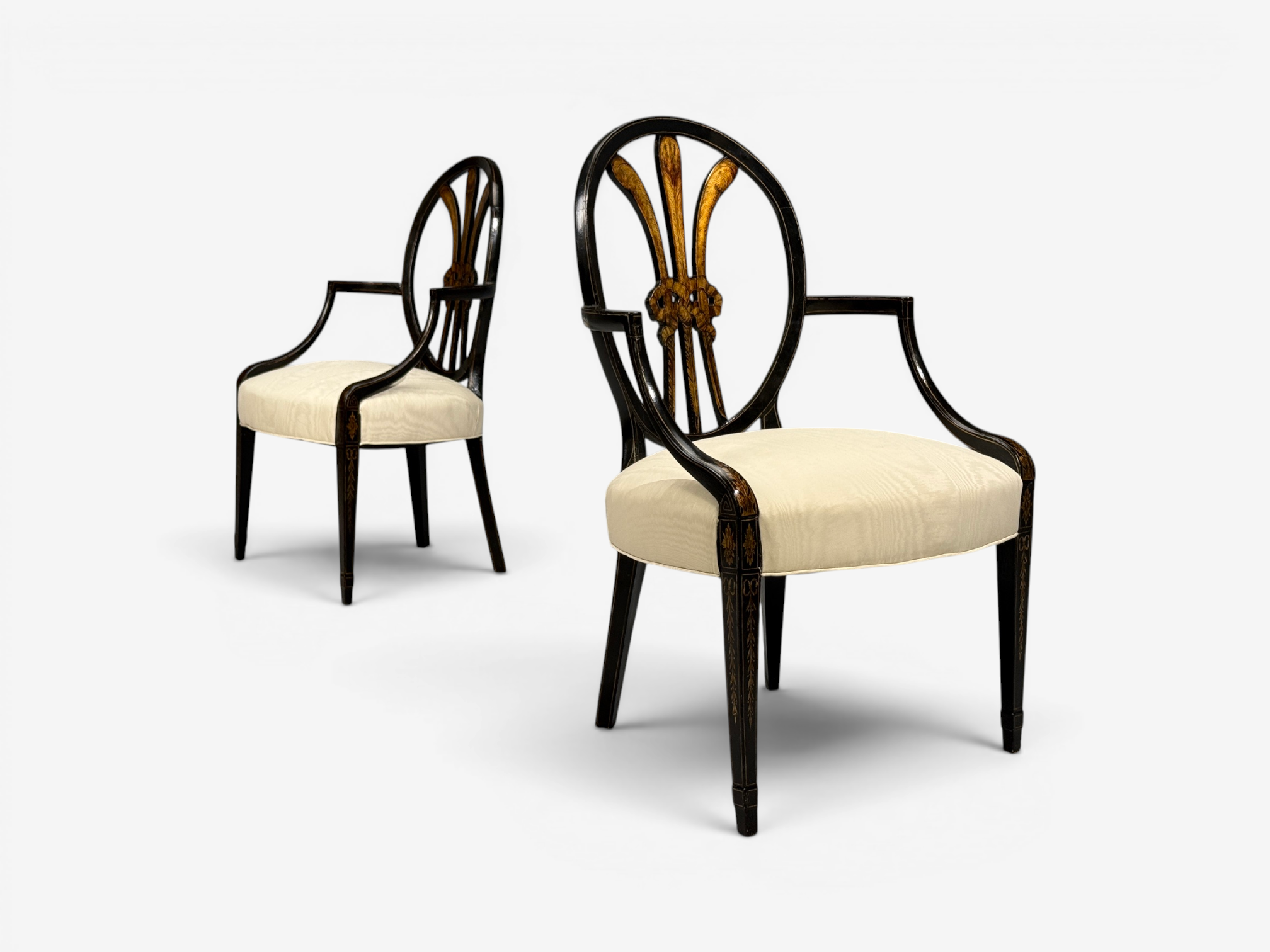 Neoclassical, Prince of Wales Armchairs, Ebonized Wood, Gilt, Silk, USA, 19th c.