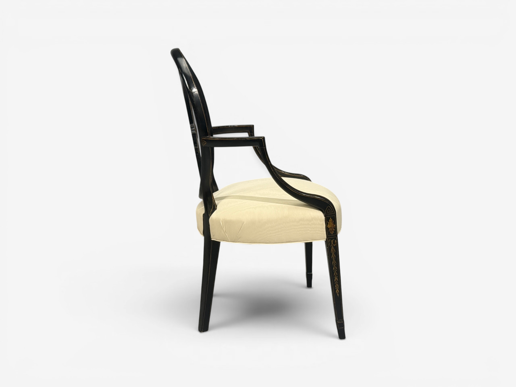 Neoclassical, Prince of Wales Armchairs, Ebonized Wood, Gilt, Silk, USA, 19th c.