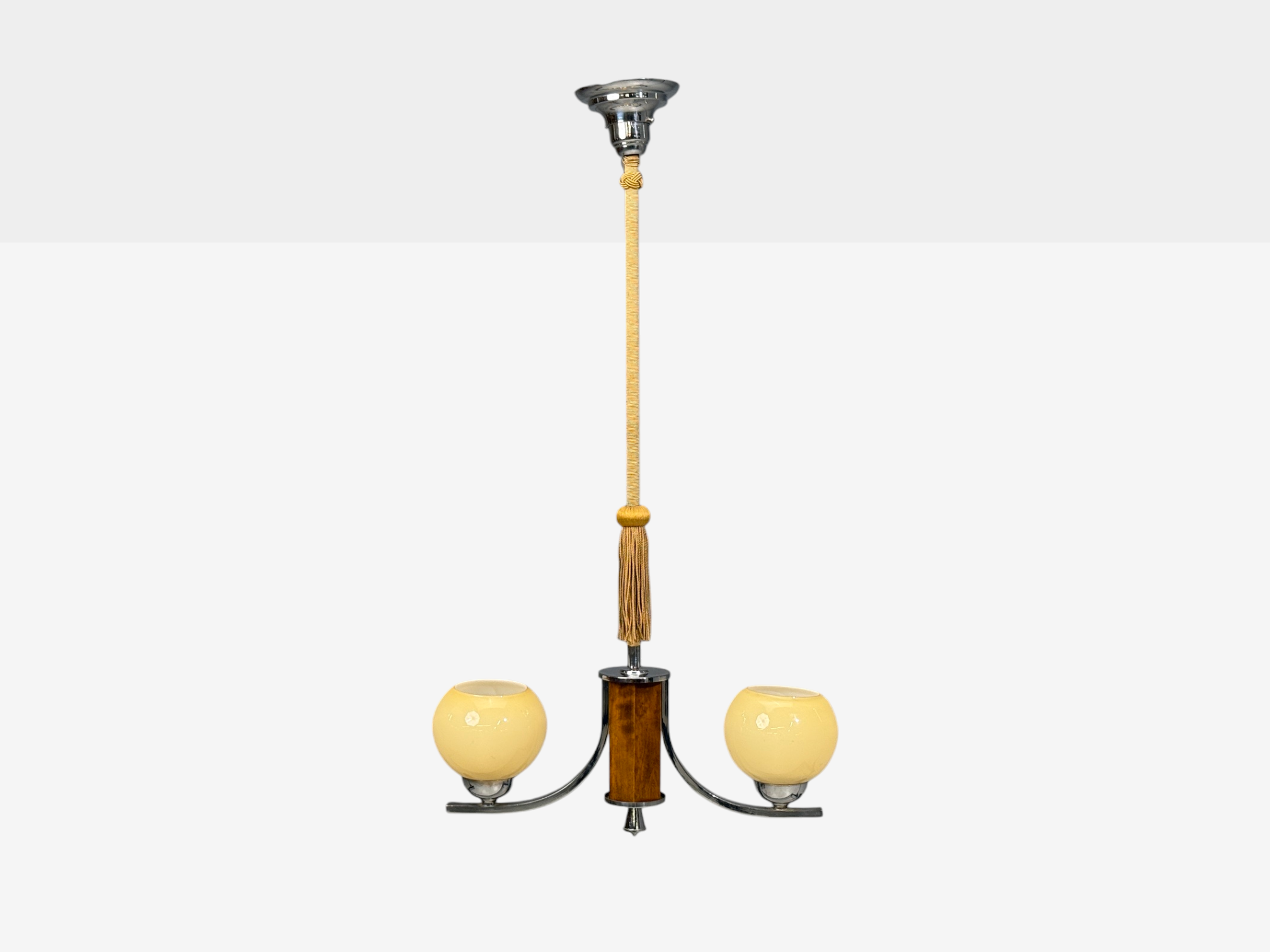 Swedish Art Deco, Pendant Light, Burl, Cord, Glass, Chrome, Sweden, 1930s