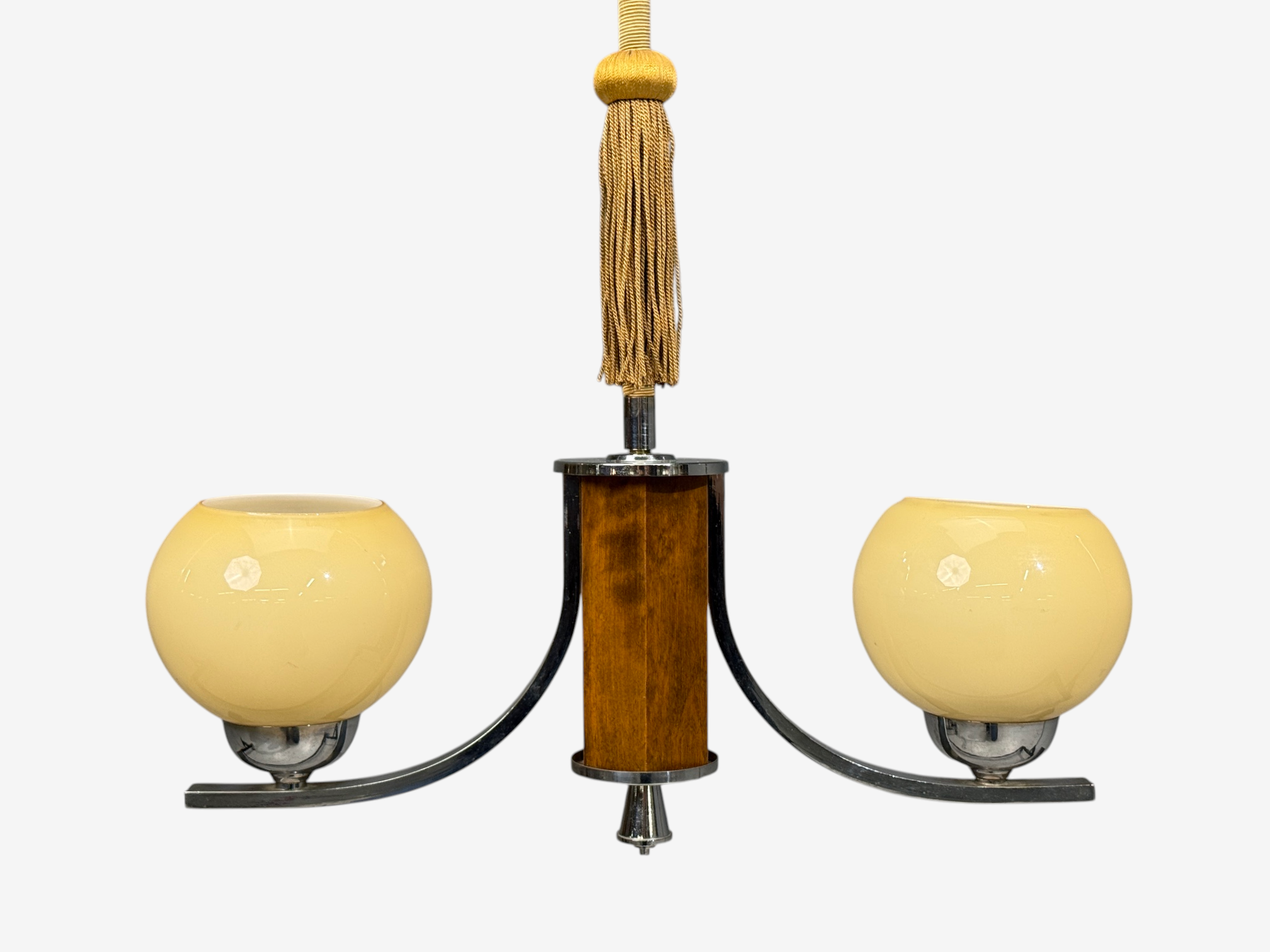 Swedish Art Deco, Pendant Light, Burl, Cord, Glass, Chrome, Sweden, 1930s