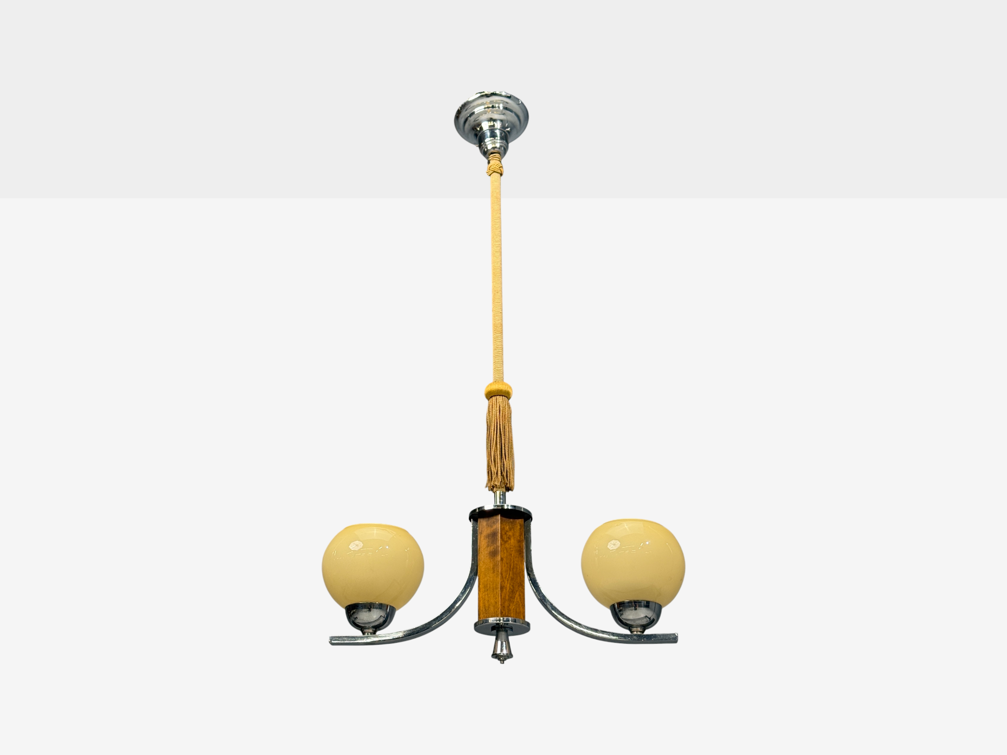 Swedish Art Deco, Pendant Light, Burl, Cord, Glass, Chrome, Sweden, 1930s