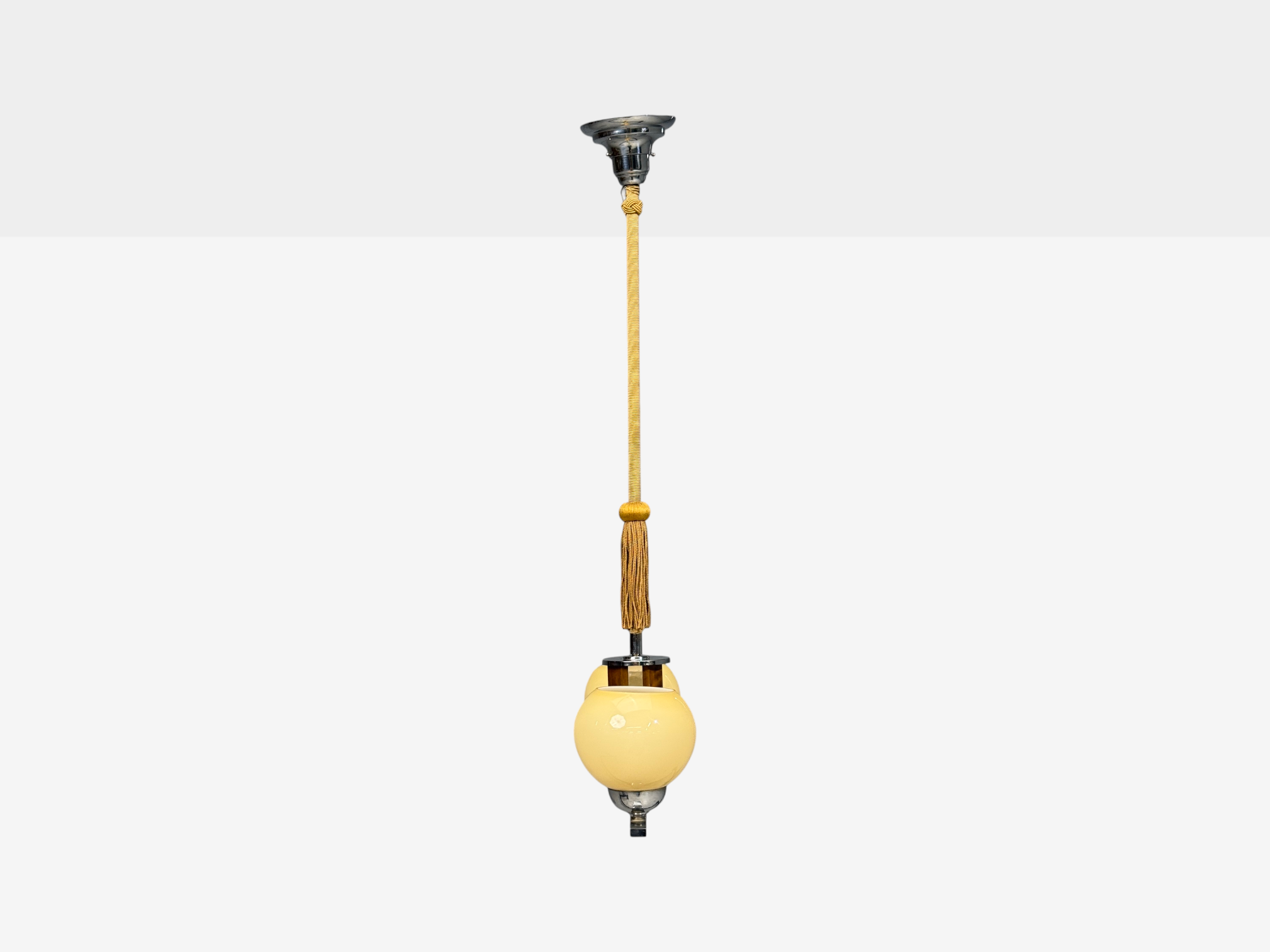 Swedish Art Deco, Pendant Light, Burl, Cord, Glass, Chrome, Sweden, 1930s