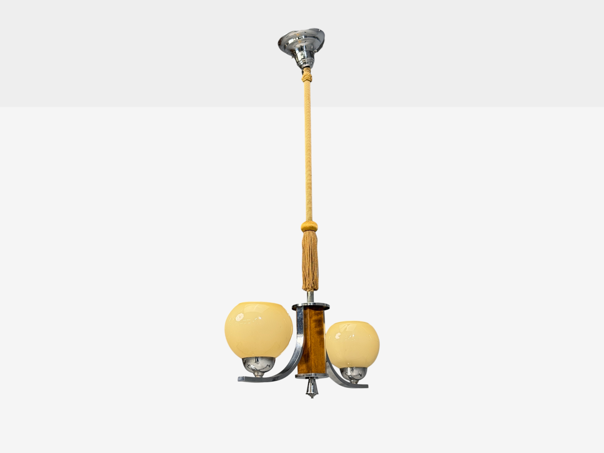 Swedish Art Deco, Pendant Light, Burl, Cord, Glass, Chrome, Sweden, 1930s