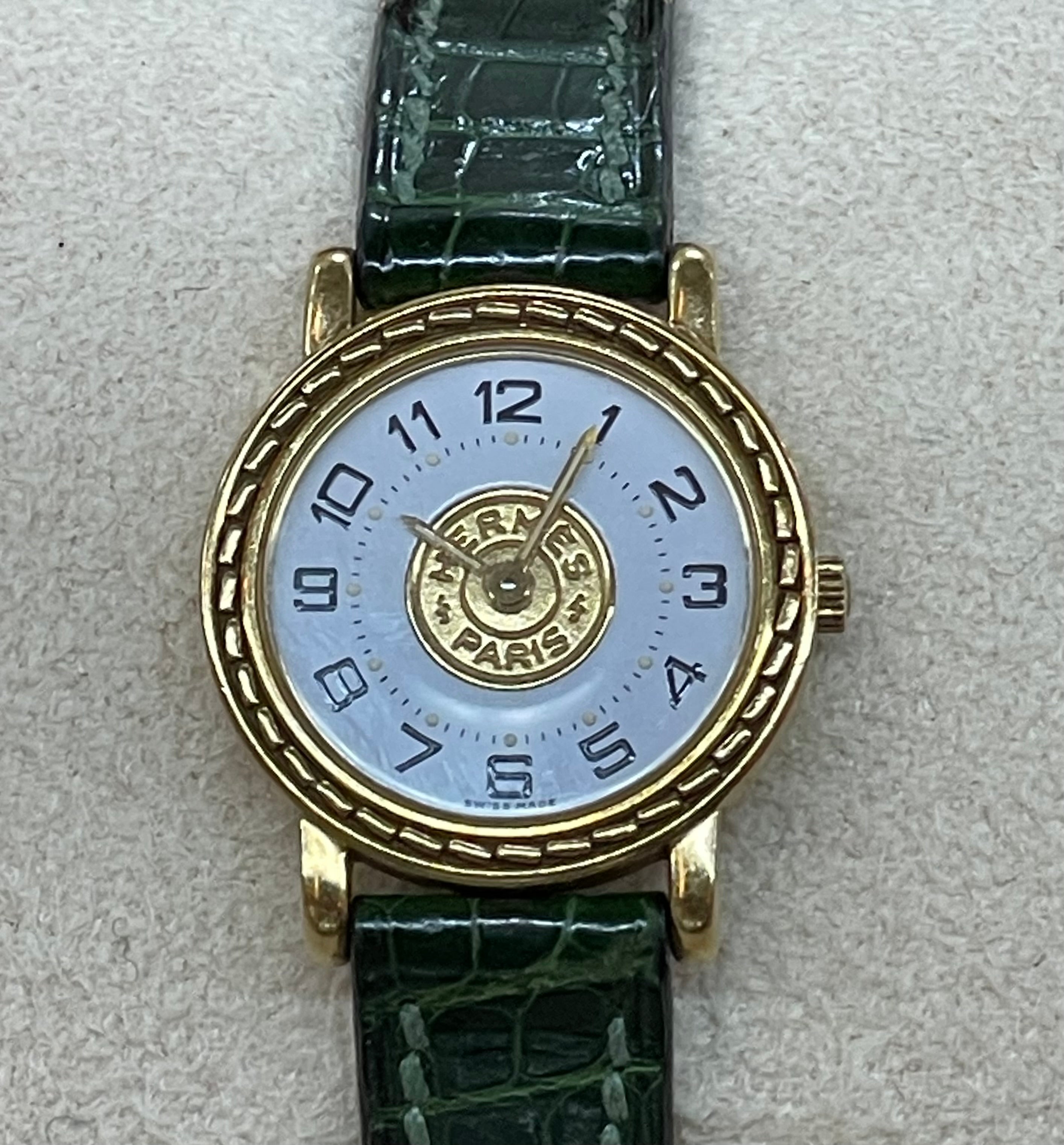 Hermès Paris 18 Kt Gold 'Sellier' Wristwatch, Crocodile Strap