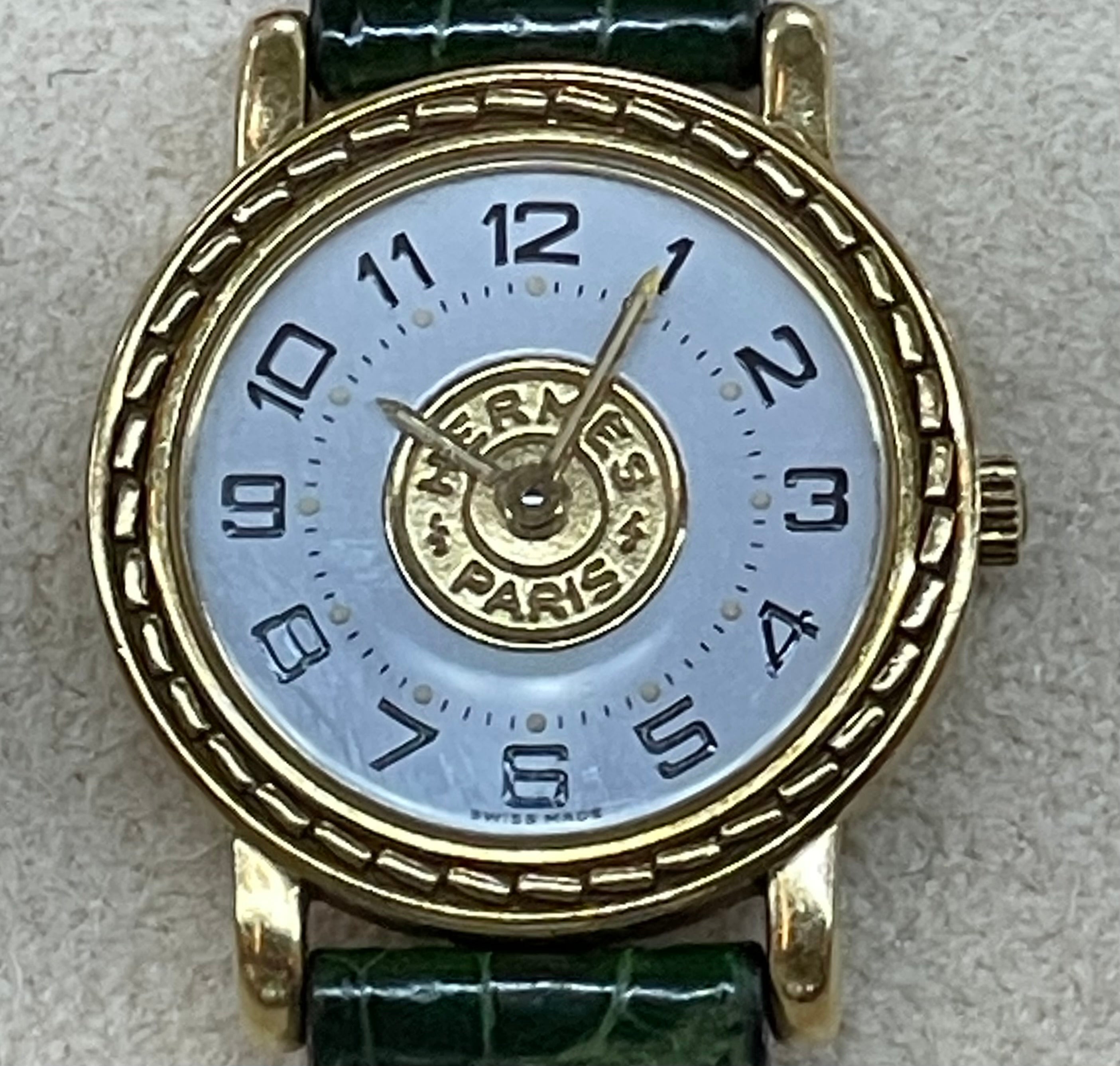 Hermès Paris 18 Kt Gold 'Sellier' Wristwatch, Crocodile Strap