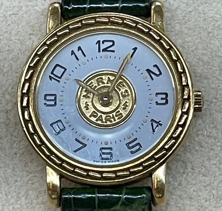 Hermès Paris 18 Kt Gold 'Sellier' Wristwatch, Crocodile Strap