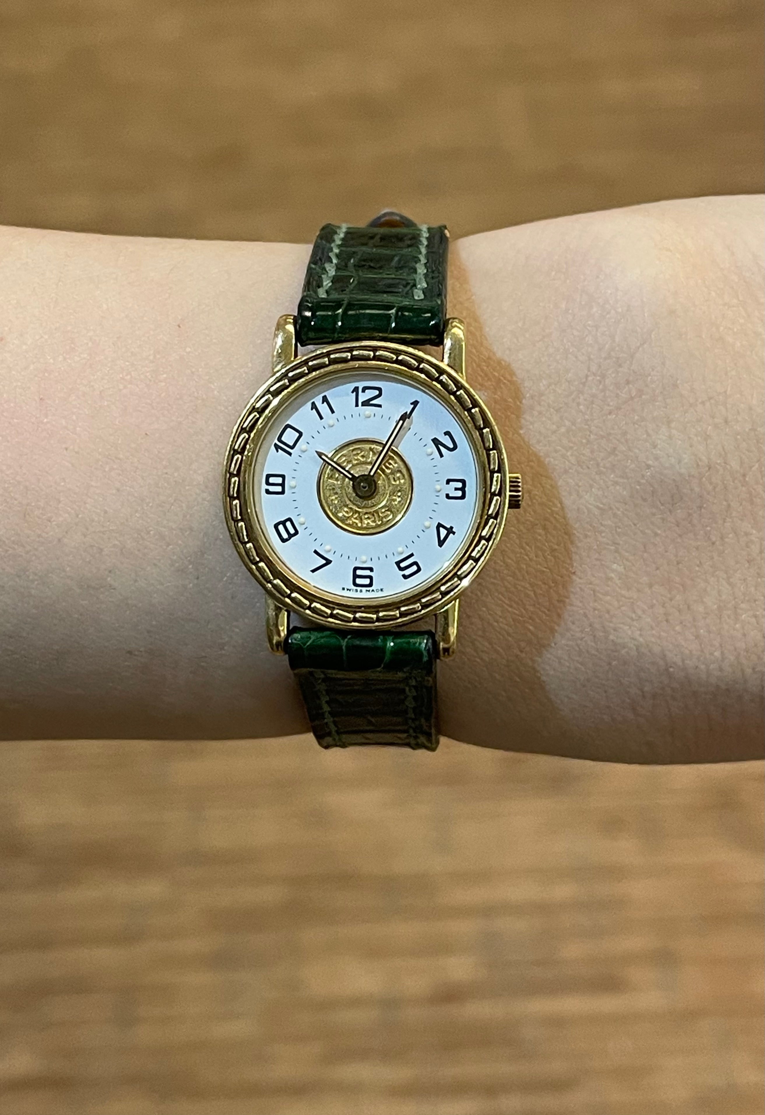 Hermès Paris 18 Kt Gold 'Sellier' Wristwatch, Crocodile Strap