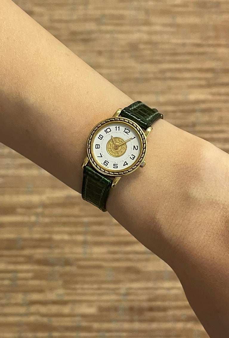 Hermès Paris 18 Kt Gold 'Sellier' Wristwatch, Crocodile Strap