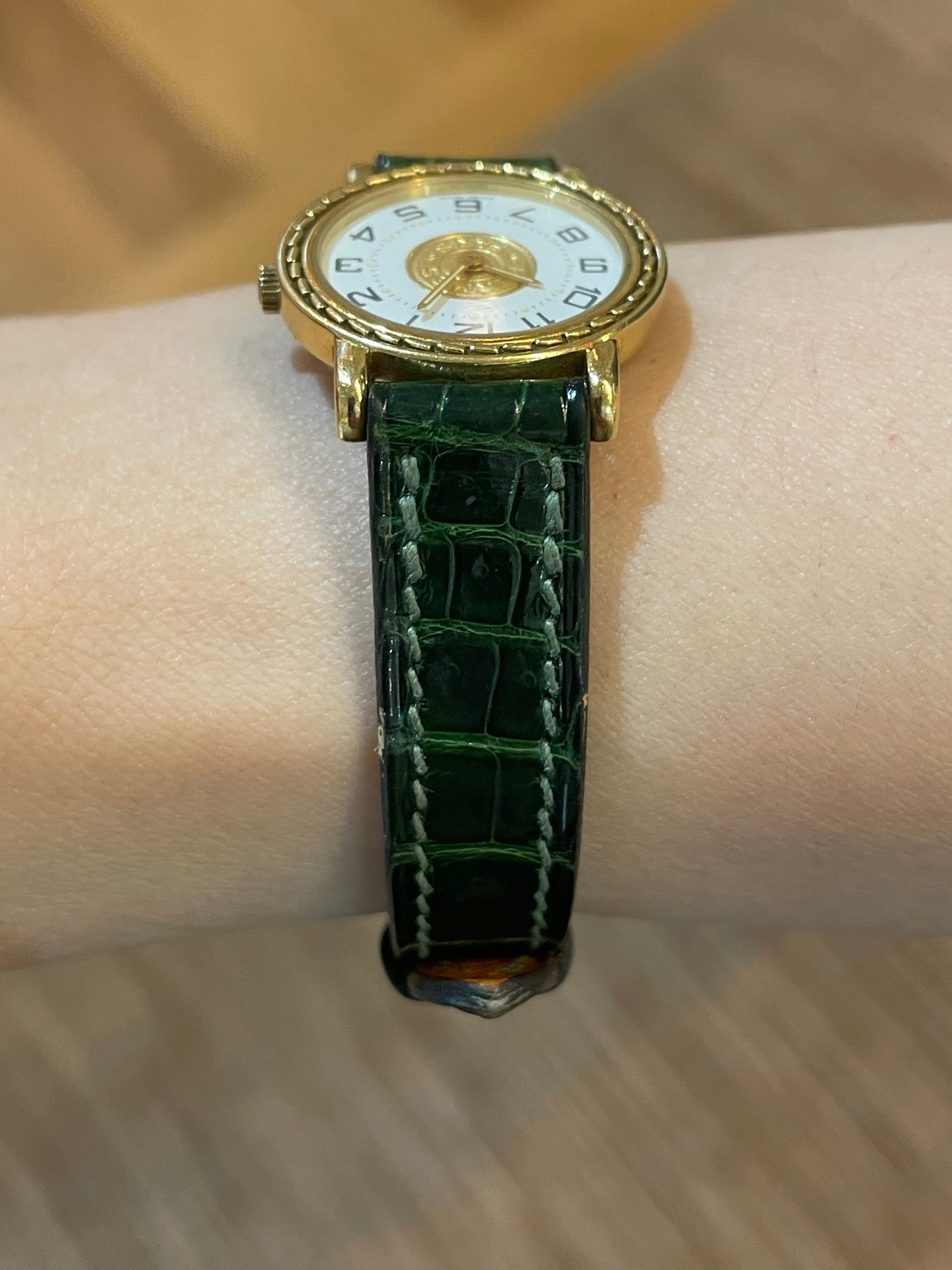 Hermès Paris 18 Kt Gold 'Sellier' Wristwatch, Crocodile Strap