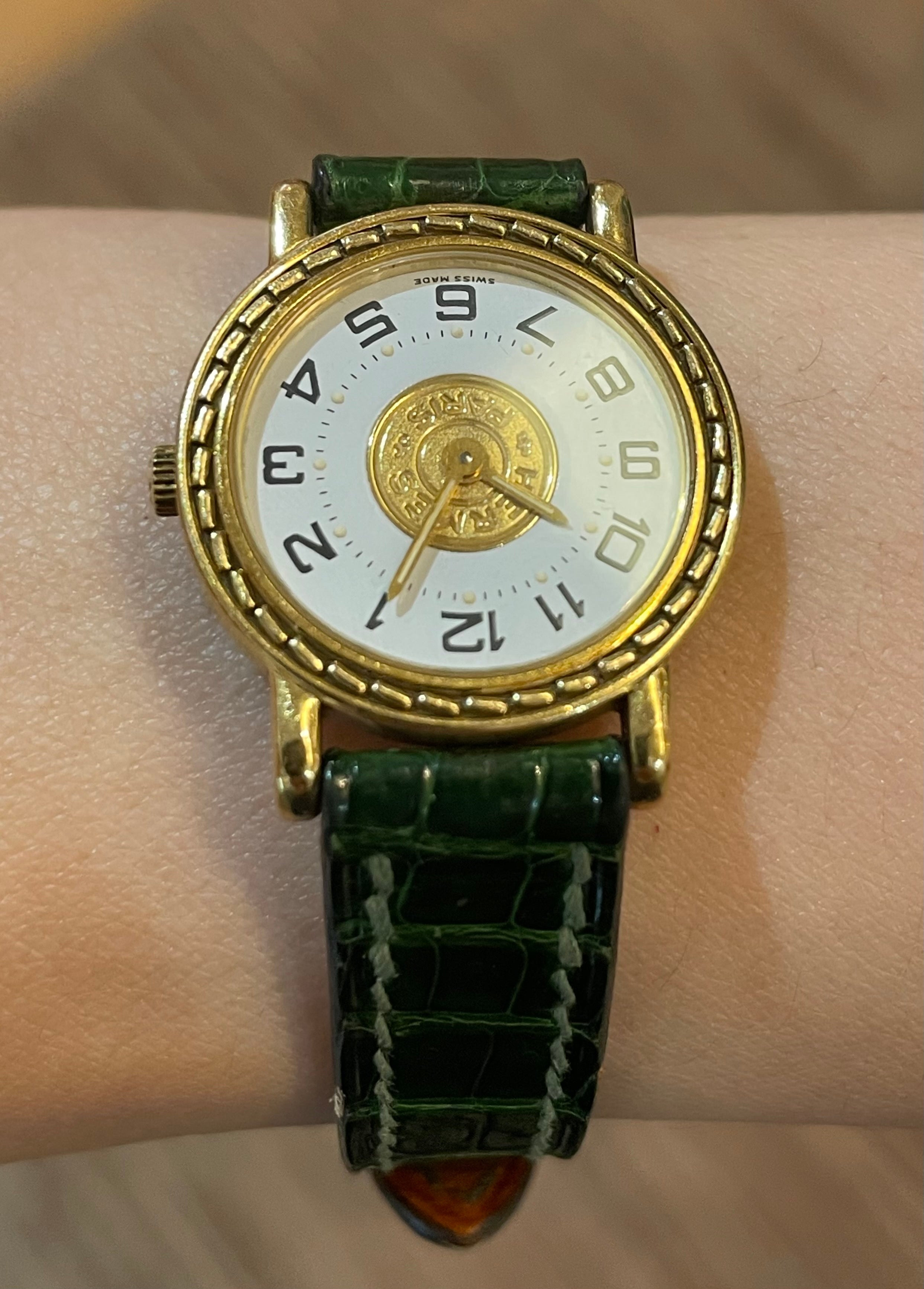 Hermès Paris 18 Kt Gold 'Sellier' Wristwatch, Crocodile Strap