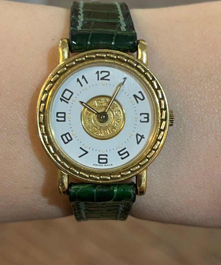 Hermès Paris 18 Kt Gold 'Sellier' Wristwatch, Crocodile Strap