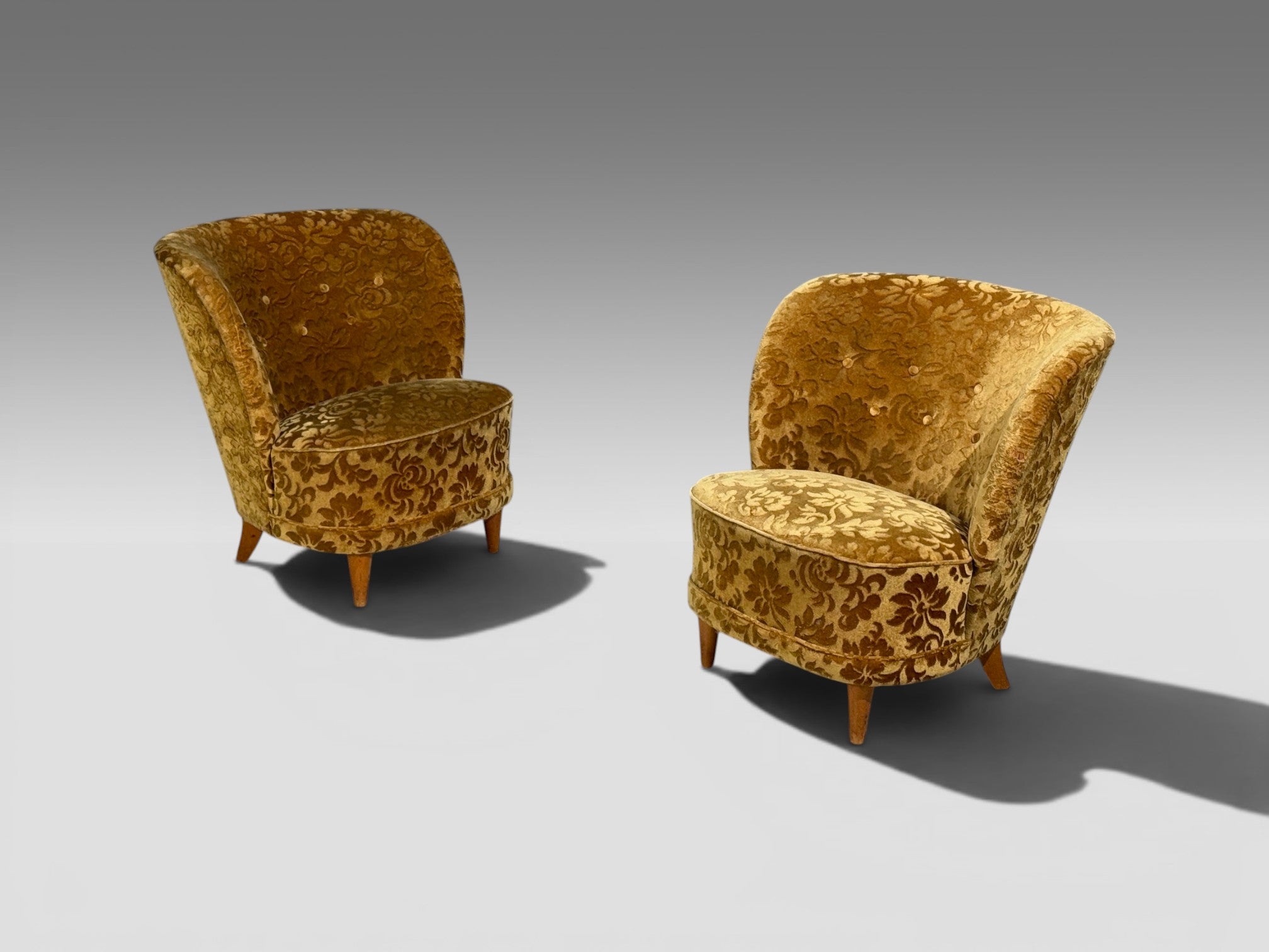 Finnish Modern, Easy Chairs, Damask, Beech, Finland, 1940s