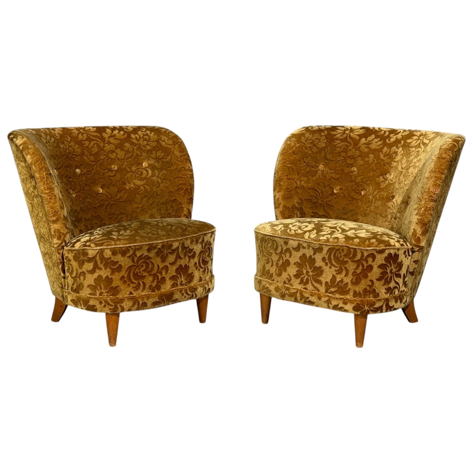 Finnish Modern, Easy Chairs, Damask, Beech, Finland, 1940s